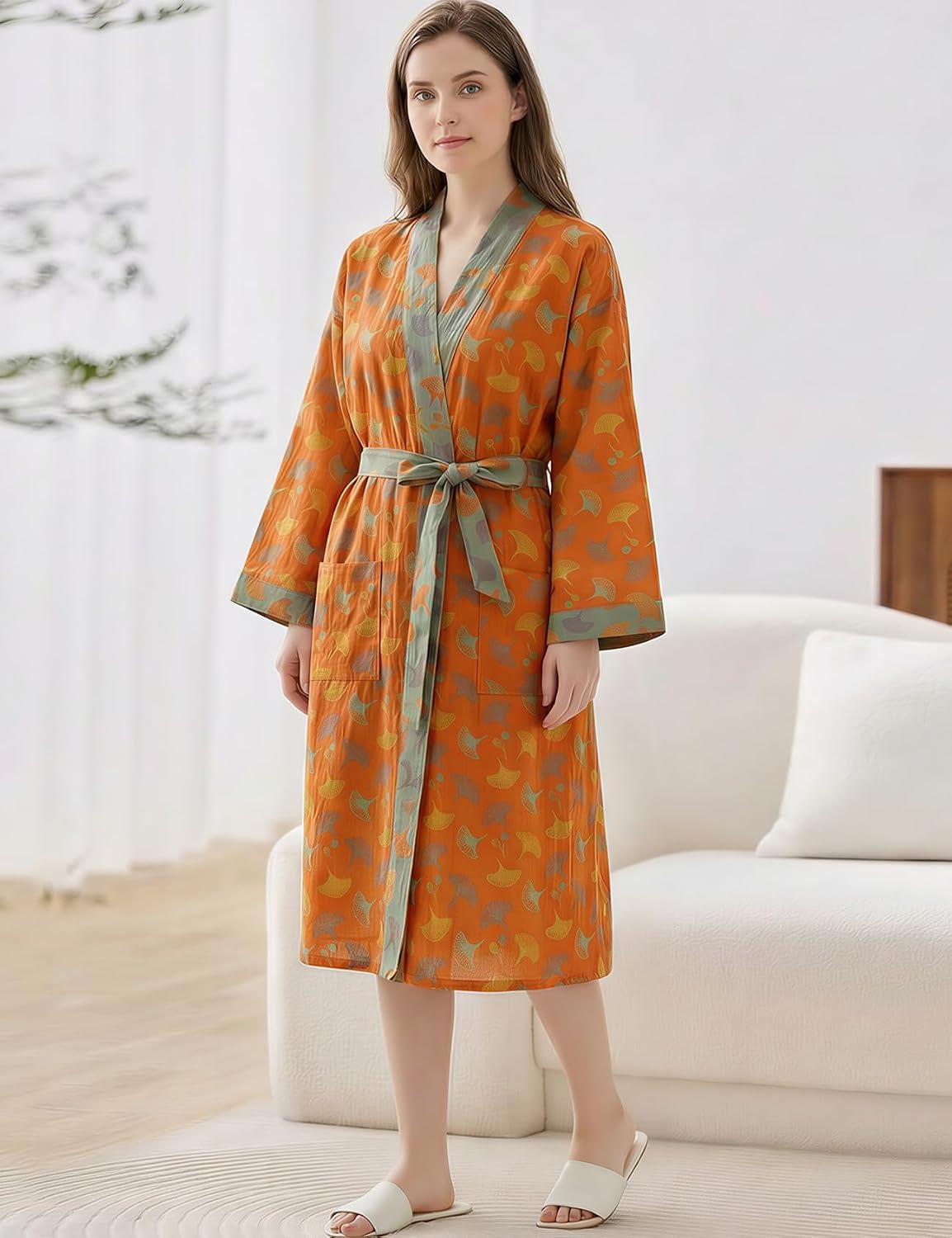 image:imageArssm Kimono Robes for Women Long Cotton Gauze Robe Jacquard Japanese Sleepwear Yukata Muslin Bathrobe LoungewearOrangeleaves