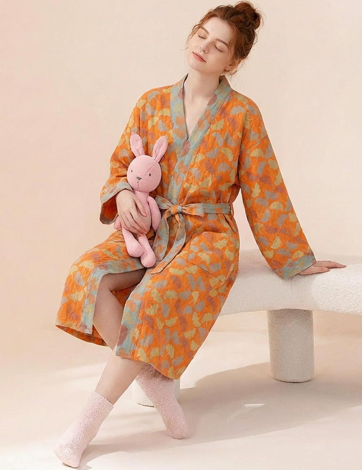 image:imageArssm Kimono Robes for Women Long Cotton Gauze Robe Jacquard Japanese Sleepwear Yukata Muslin Bathrobe LoungewearOrangeleaves