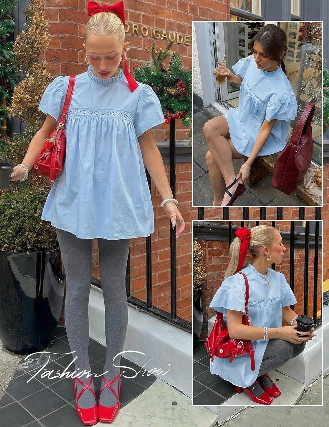 image:imageArssm Peplum Tops for Women Short Sleeve Babydoll Shirt Mock Neck Blouse Pleated Tunic ShirtsBlue
