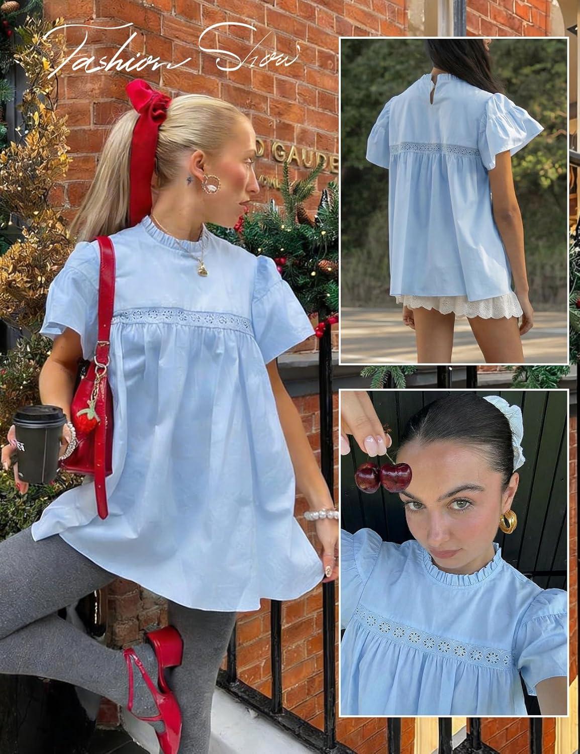 image:imageArssm Peplum Tops for Women Short Sleeve Babydoll Shirt Mock Neck Blouse Pleated Tunic ShirtsBlue