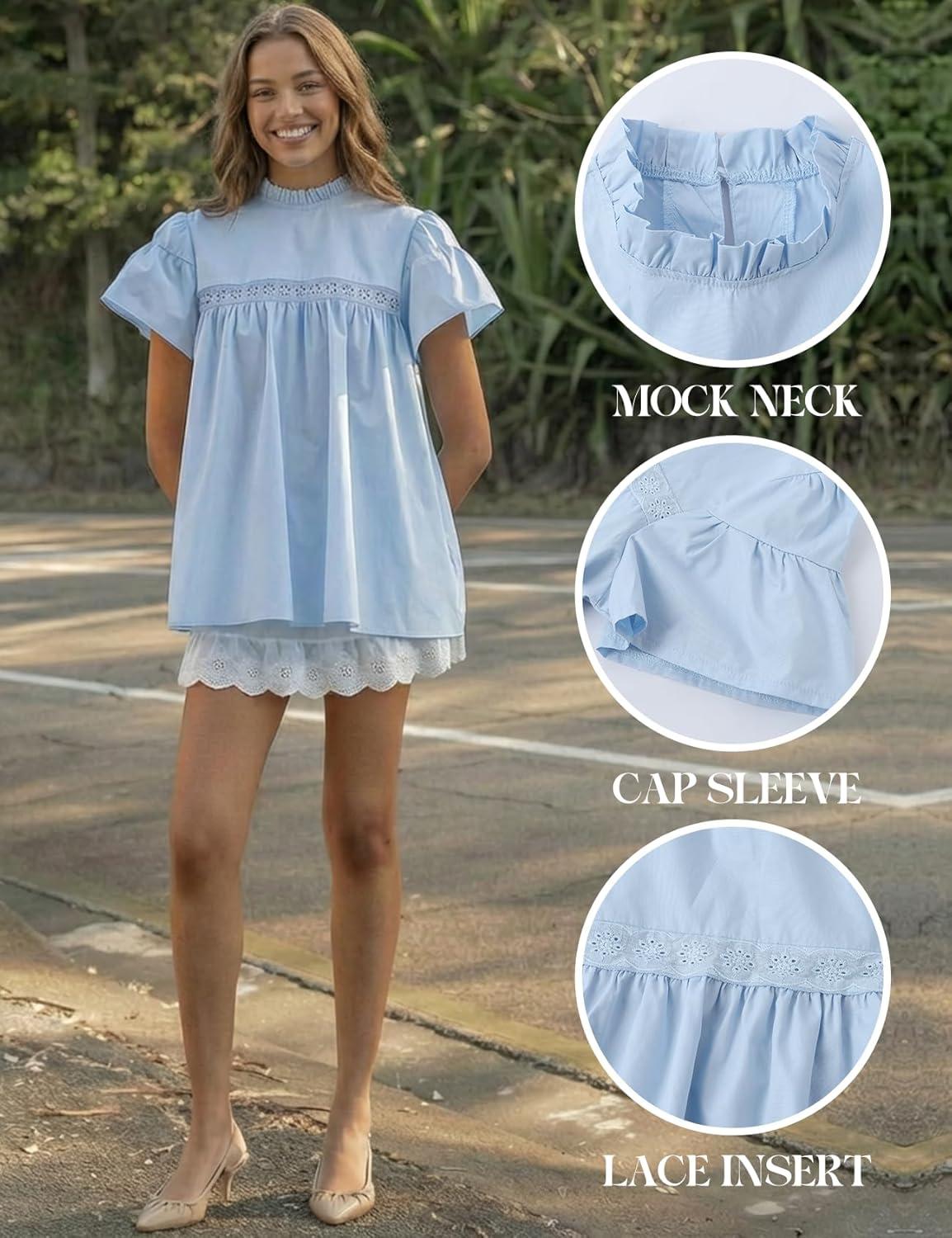 image:imageArssm Peplum Tops for Women Short Sleeve Babydoll Shirt Mock Neck Blouse Pleated Tunic ShirtsBlue