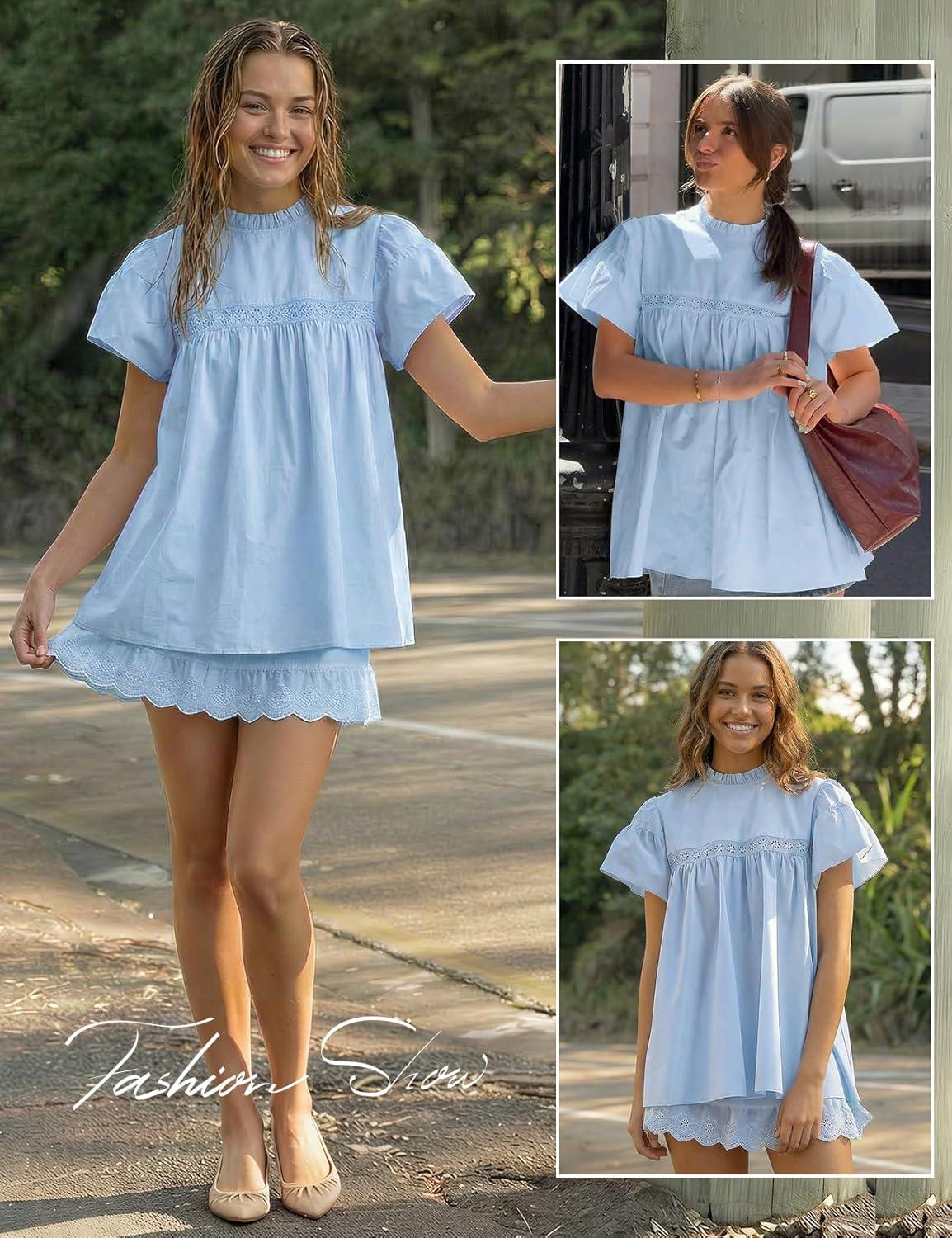 image:imageArssm Peplum Tops for Women Short Sleeve Babydoll Shirt Mock Neck Blouse Pleated Tunic ShirtsBlue