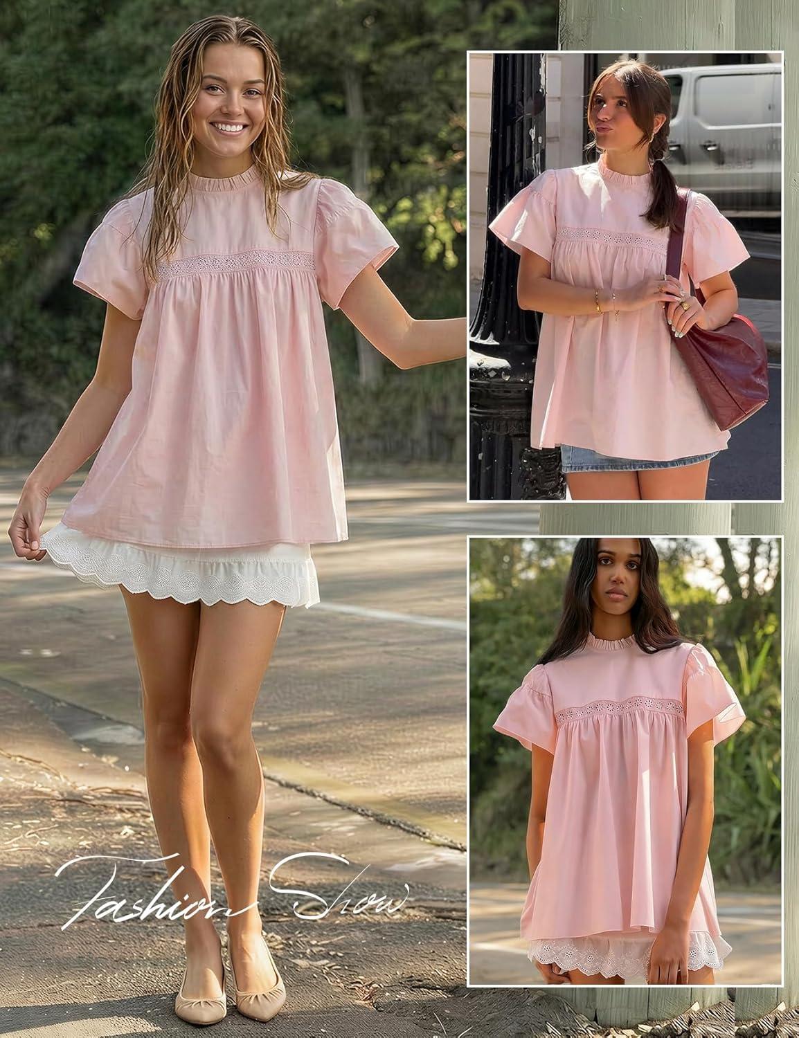 image:imageArssm Peplum Tops for Women Short Sleeve Babydoll Shirt Mock Neck Blouse Pleated Tunic ShirtsPink
