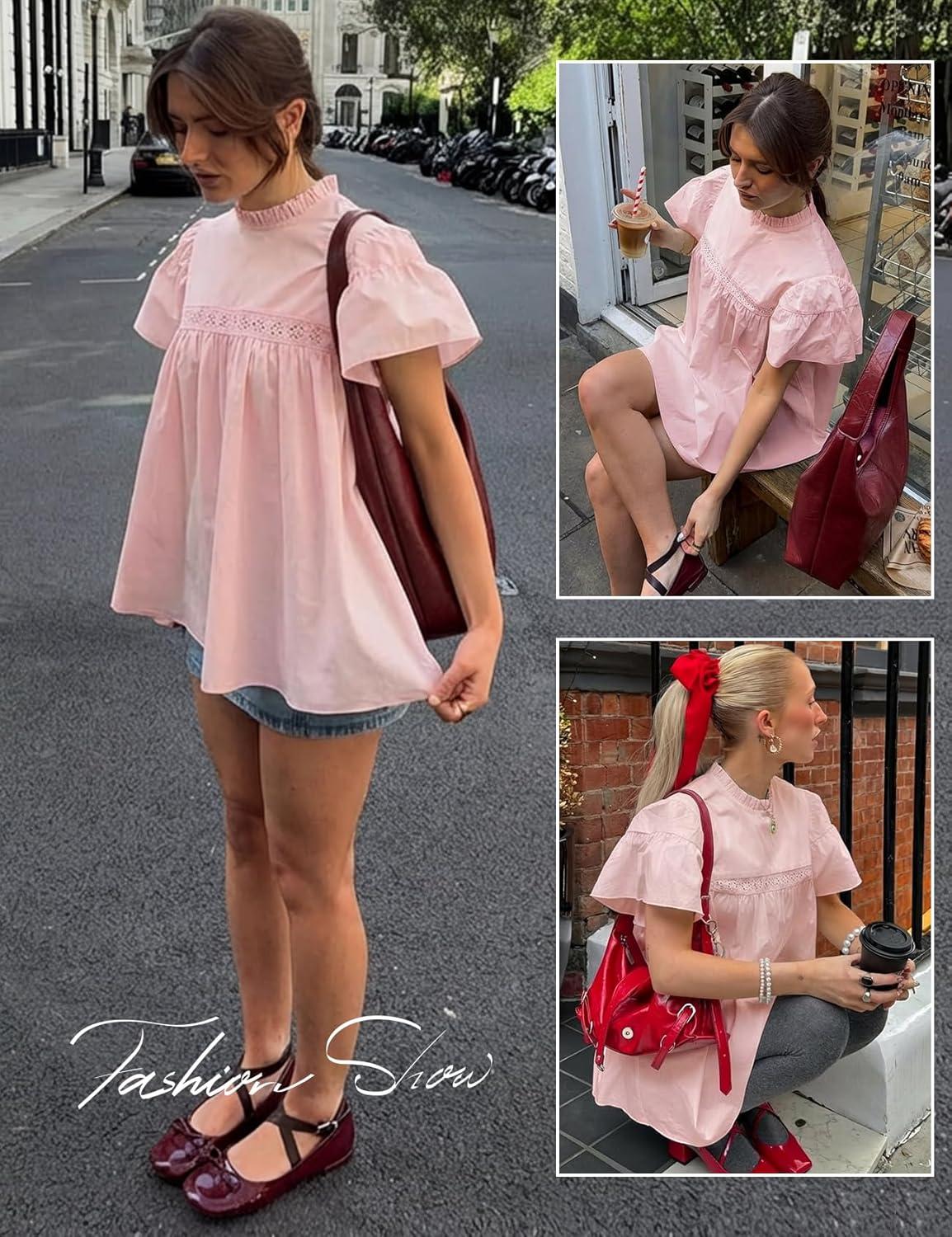 image:imageArssm Peplum Tops for Women Short Sleeve Babydoll Shirt Mock Neck Blouse Pleated Tunic ShirtsPink