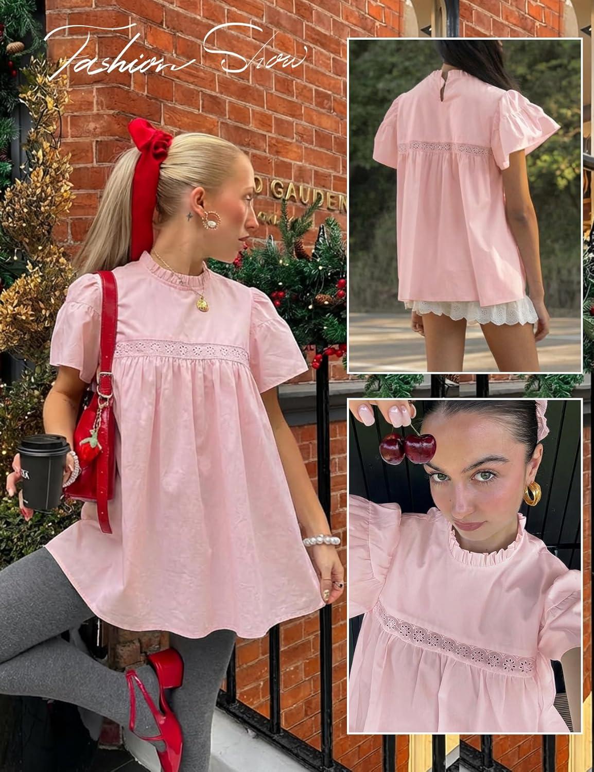 image:imageArssm Peplum Tops for Women Short Sleeve Babydoll Shirt Mock Neck Blouse Pleated Tunic ShirtsPink