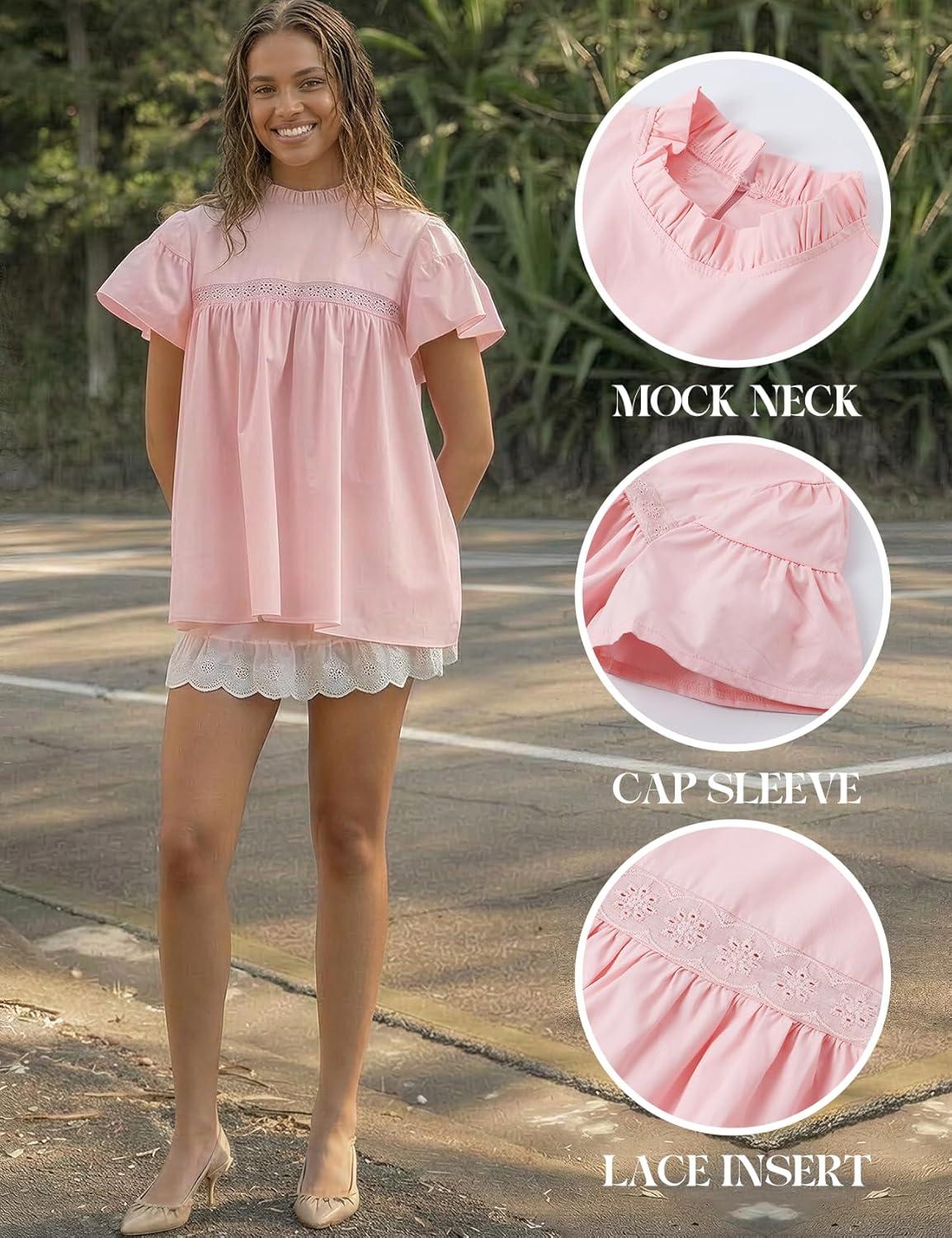 image:imageArssm Peplum Tops for Women Short Sleeve Babydoll Shirt Mock Neck Blouse Pleated Tunic ShirtsPink