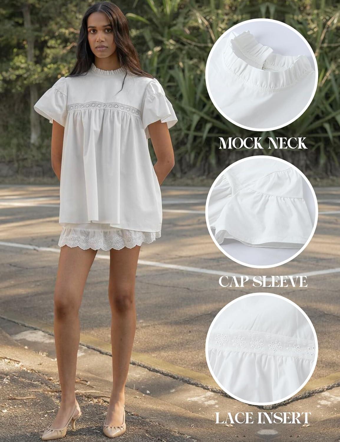 image:imageArssm Peplum Tops for Women Short Sleeve Babydoll Shirt Mock Neck Blouse Pleated Tunic ShirtsWhite