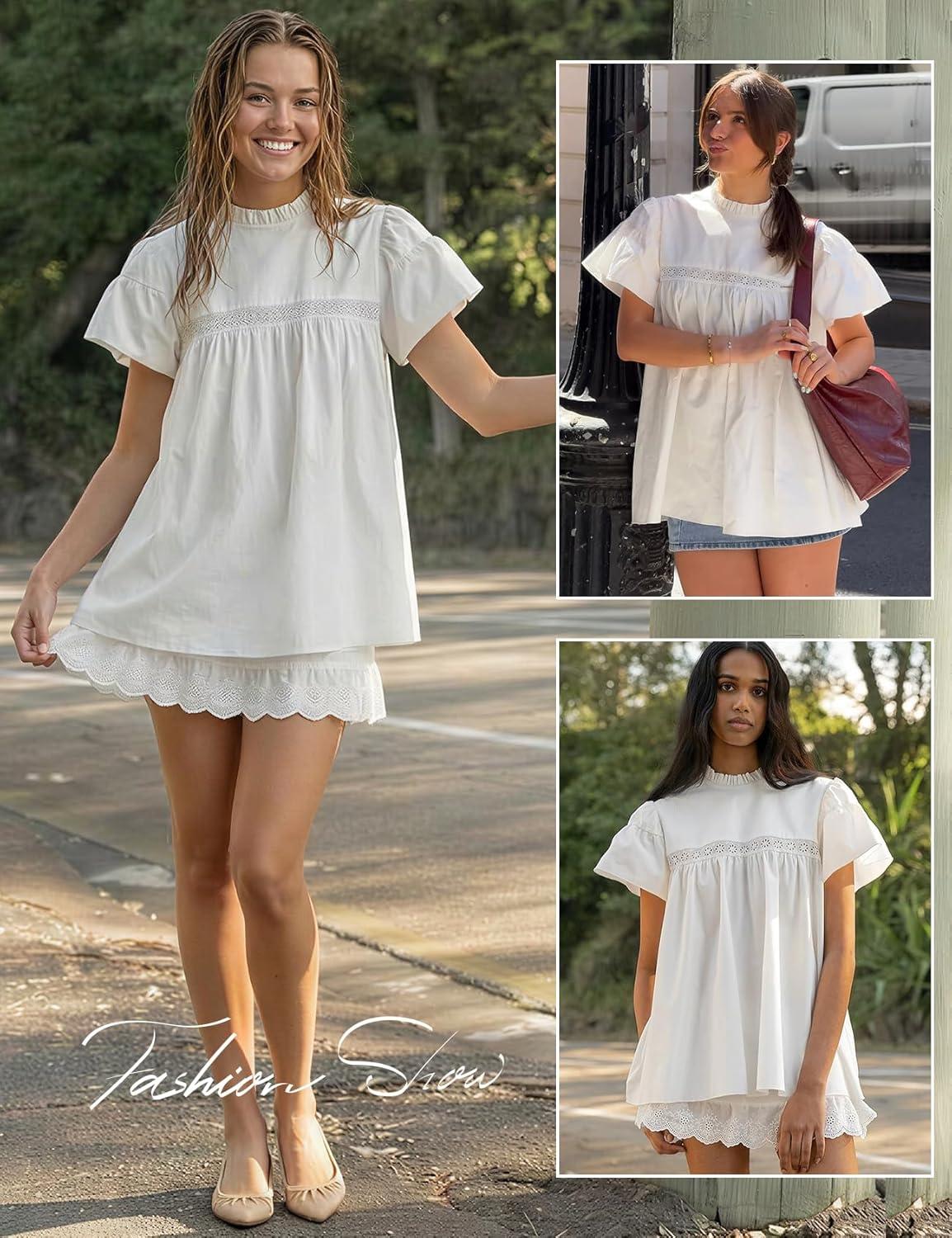 image:imageArssm Peplum Tops for Women Short Sleeve Babydoll Shirt Mock Neck Blouse Pleated Tunic ShirtsWhite