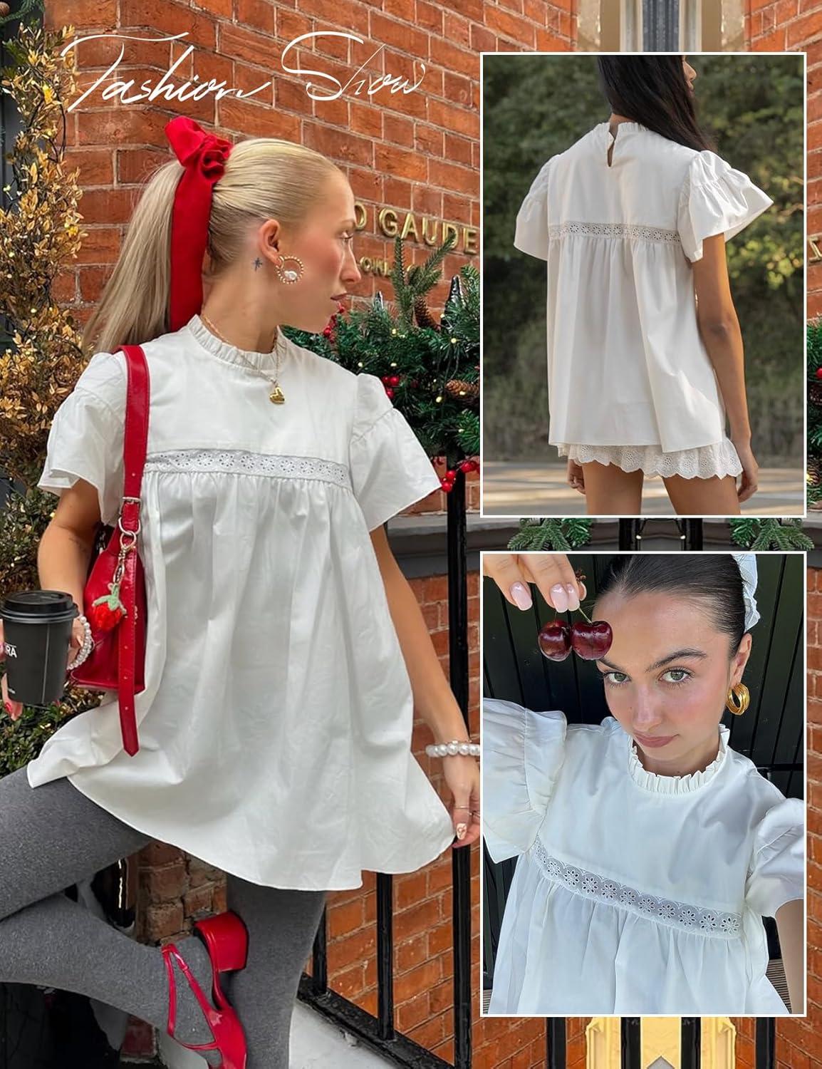 image:imageArssm Peplum Tops for Women Short Sleeve Babydoll Shirt Mock Neck Blouse Pleated Tunic ShirtsWhite