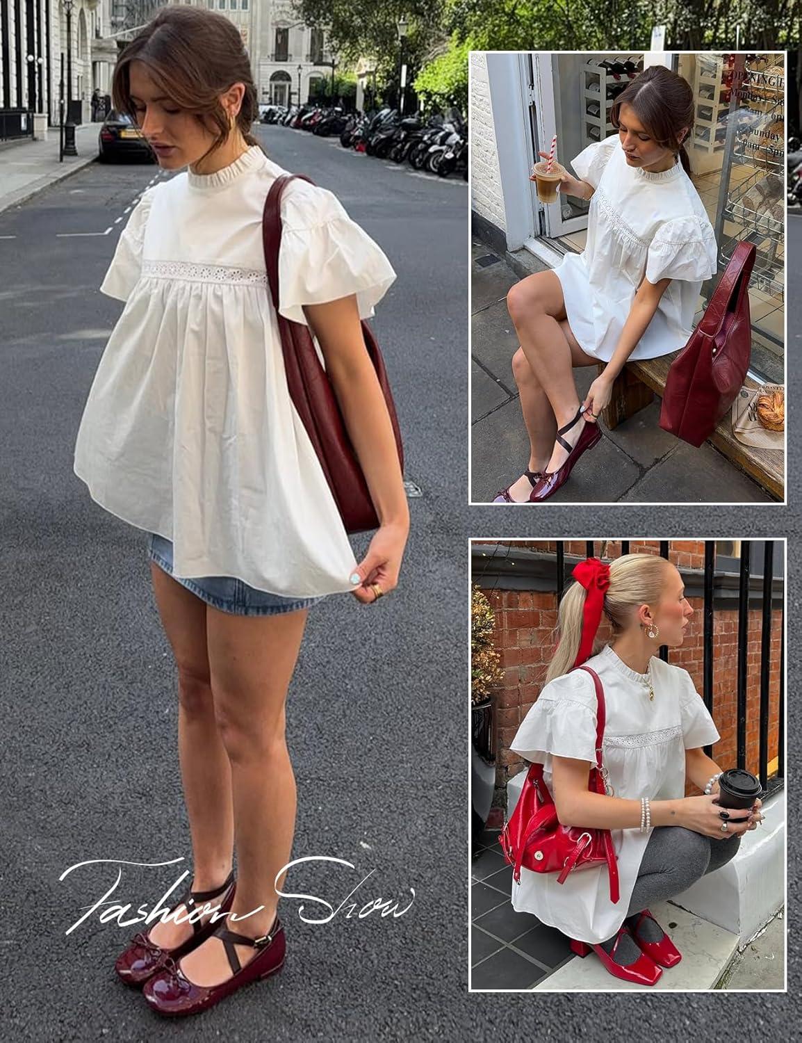 image:imageArssm Peplum Tops for Women Short Sleeve Babydoll Shirt Mock Neck Blouse Pleated Tunic ShirtsWhite