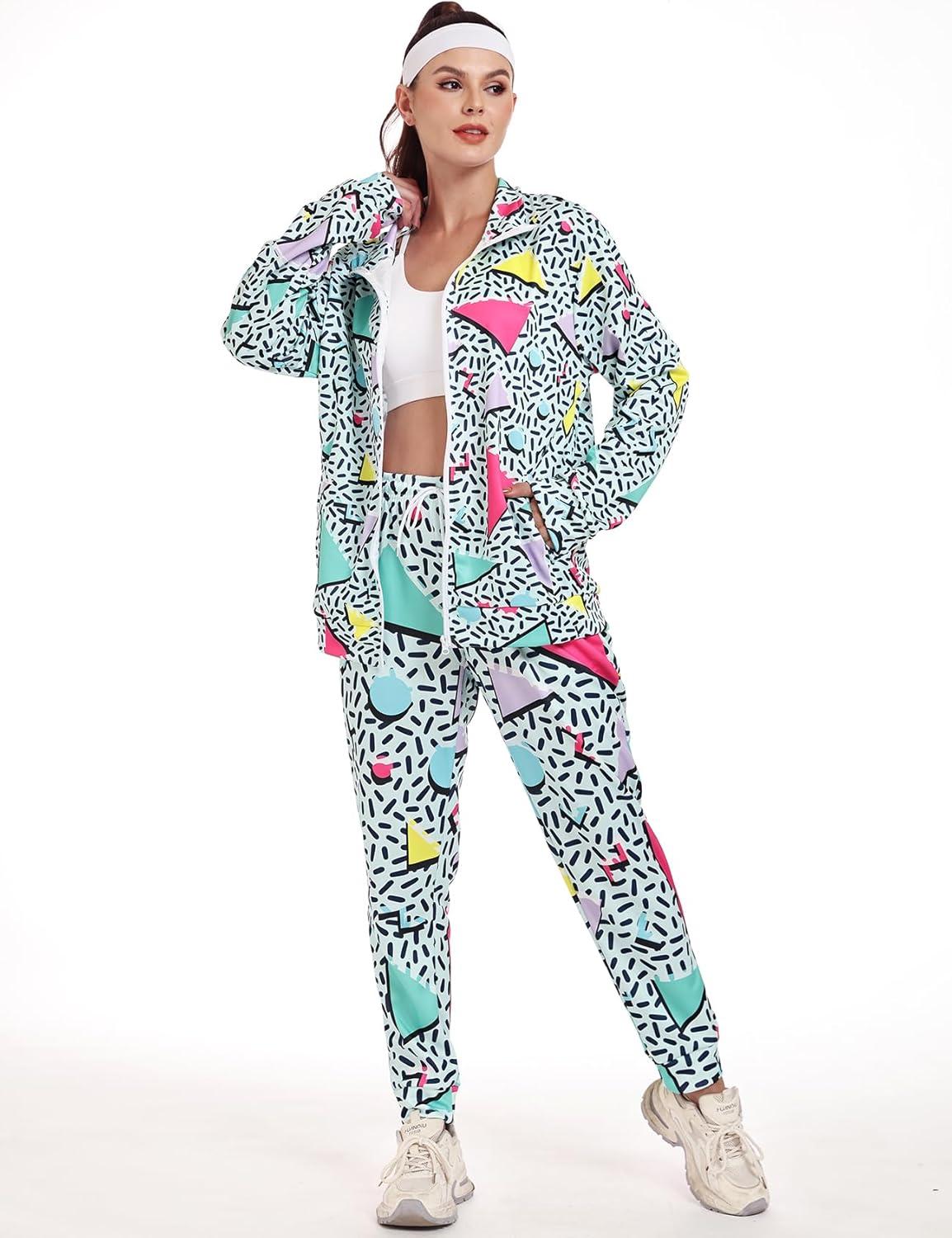 image:imageArssm Retro 80s 90s Outfit Sets for Women Color Block 2 Piece Tracksuit Windbreaker Jacket SetGreen