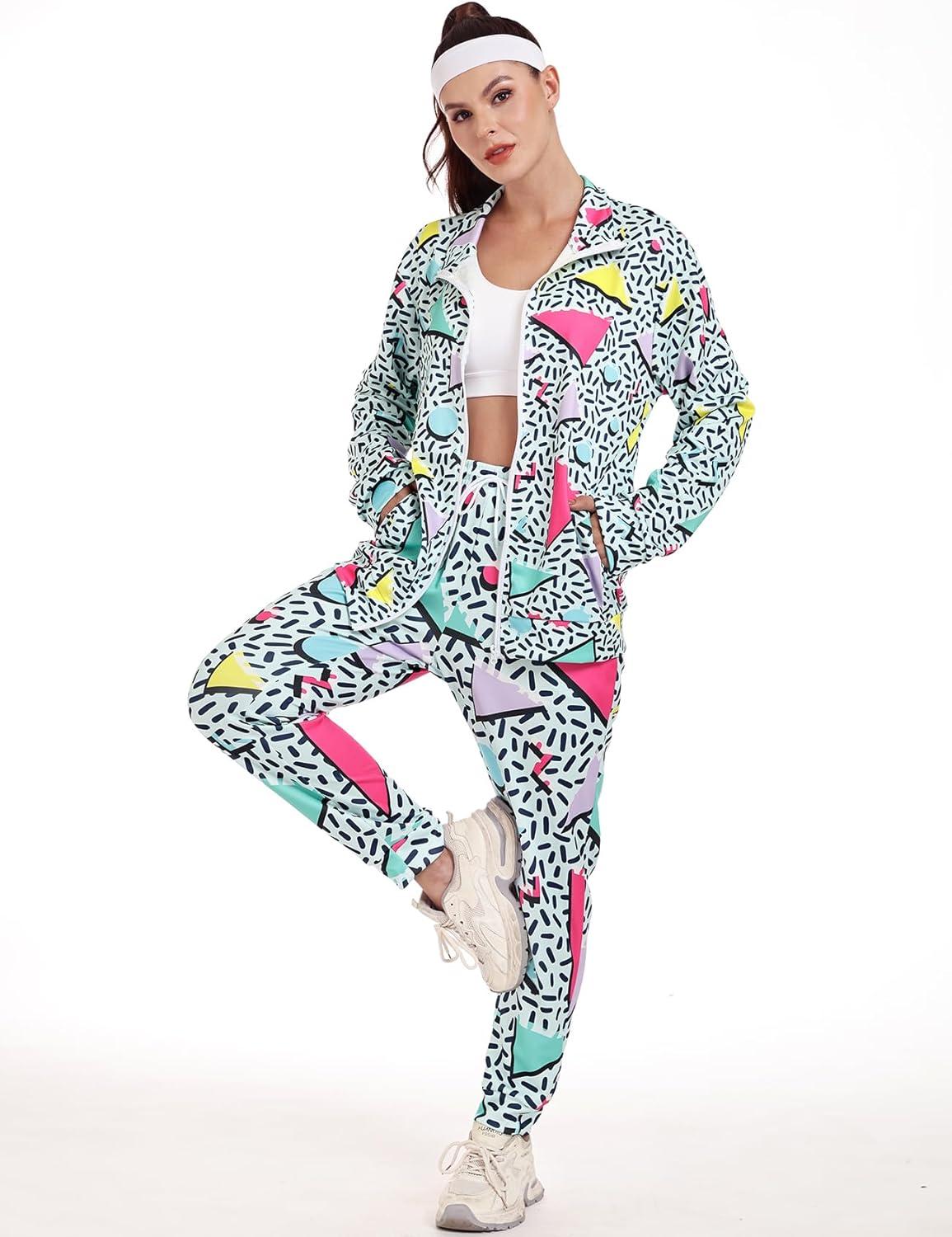 image:imageArssm Retro 80s 90s Outfit Sets for Women Color Block 2 Piece Tracksuit Windbreaker Jacket SetGreen
