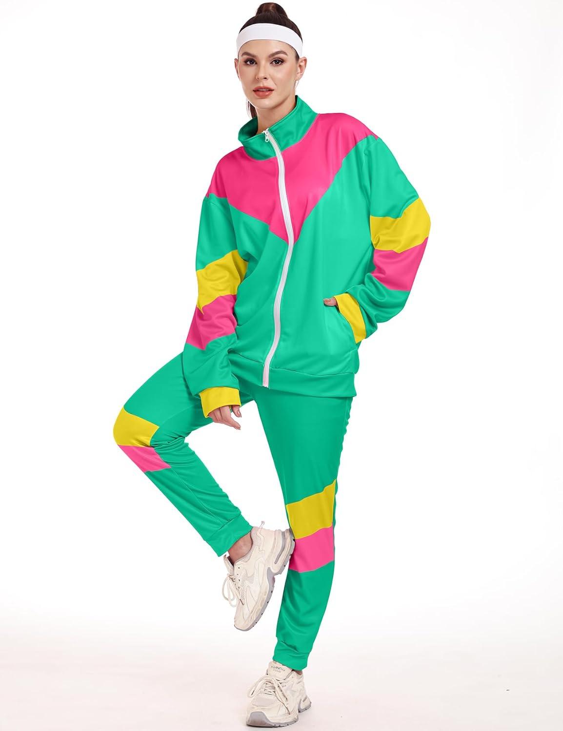 image:imageArssm Retro 80s 90s Outfit Sets for Women Color Block 2 Piece Tracksuit Windbreaker Jacket SetLightgreen
