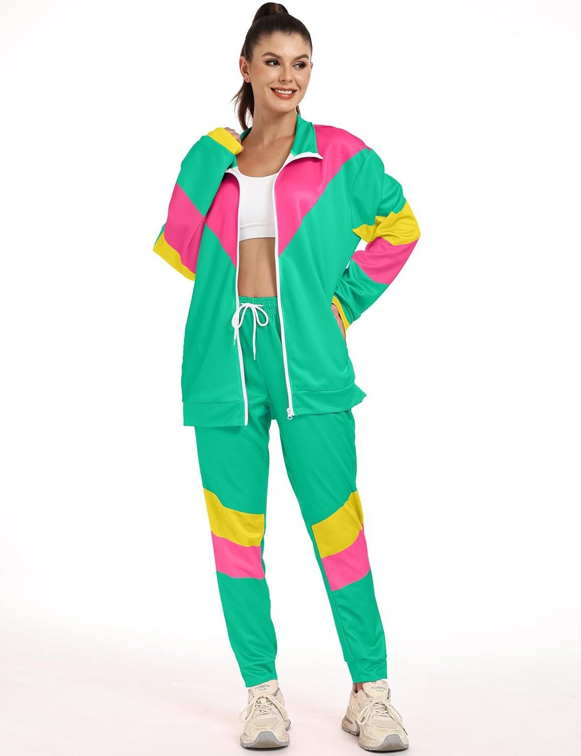 image:imageArssm Retro 80s 90s Outfit Sets for Women Color Block 2 Piece Tracksuit Windbreaker Jacket SetLightgreen