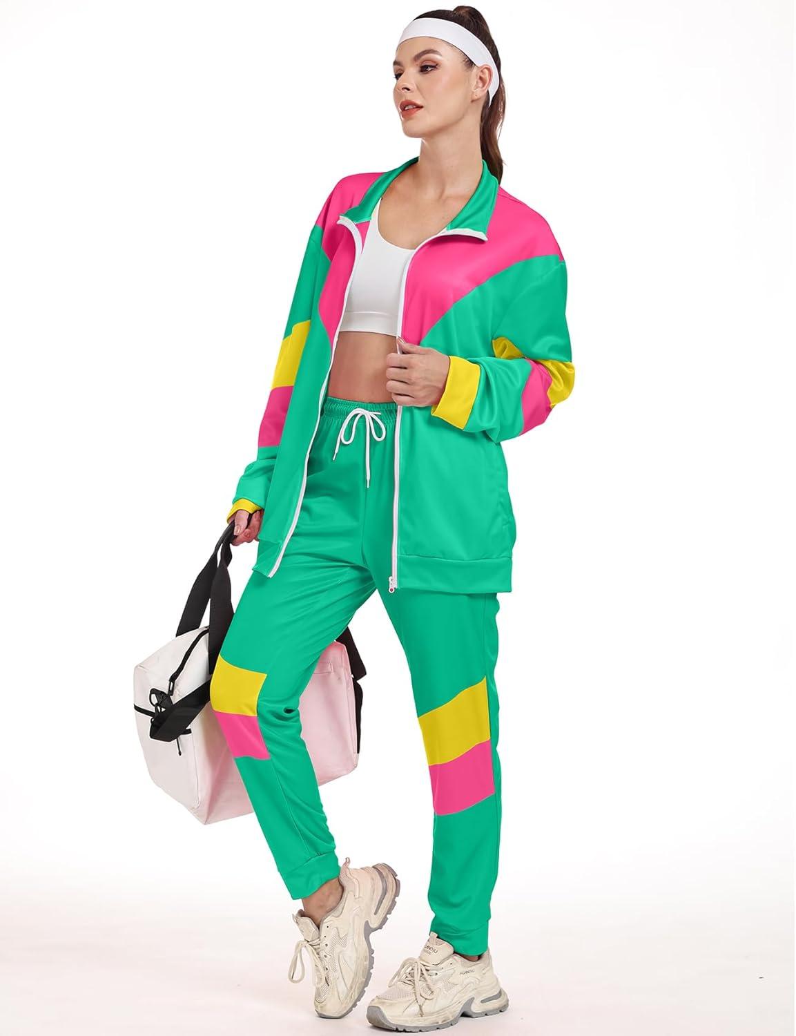image:imageArssm Retro 80s 90s Outfit Sets for Women Color Block 2 Piece Tracksuit Windbreaker Jacket SetLightgreen