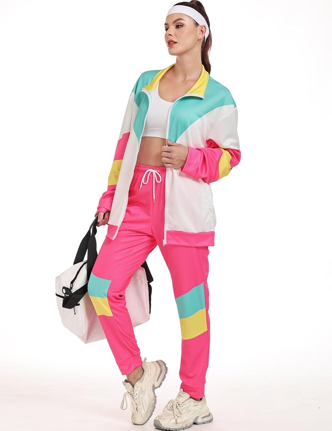 image:imageArssm Retro 80s 90s Outfit Sets for Women Color Block 2 Piece Tracksuit Windbreaker Jacket SetPink