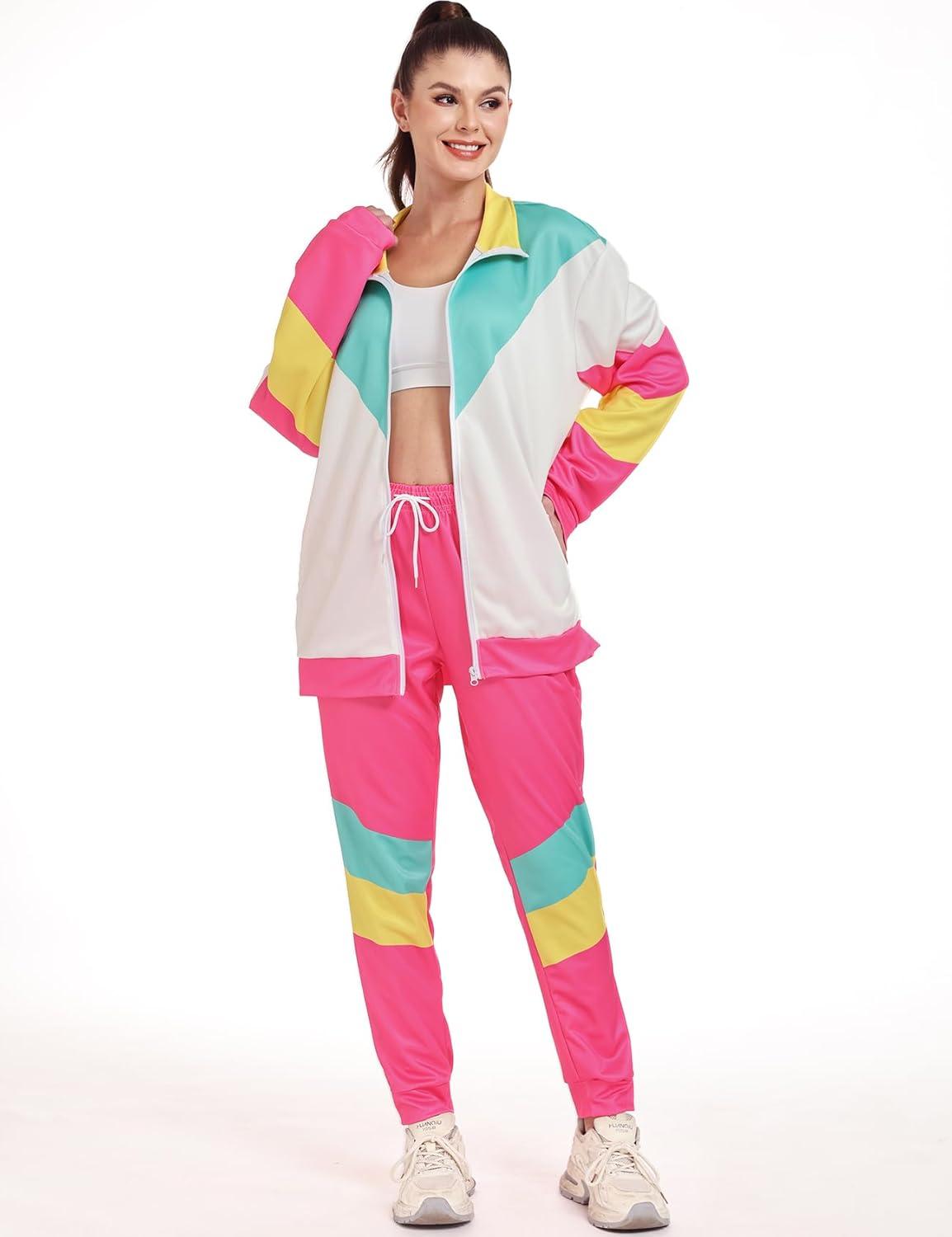 image:imageArssm Retro 80s 90s Outfit Sets for Women Color Block 2 Piece Tracksuit Windbreaker Jacket SetPink