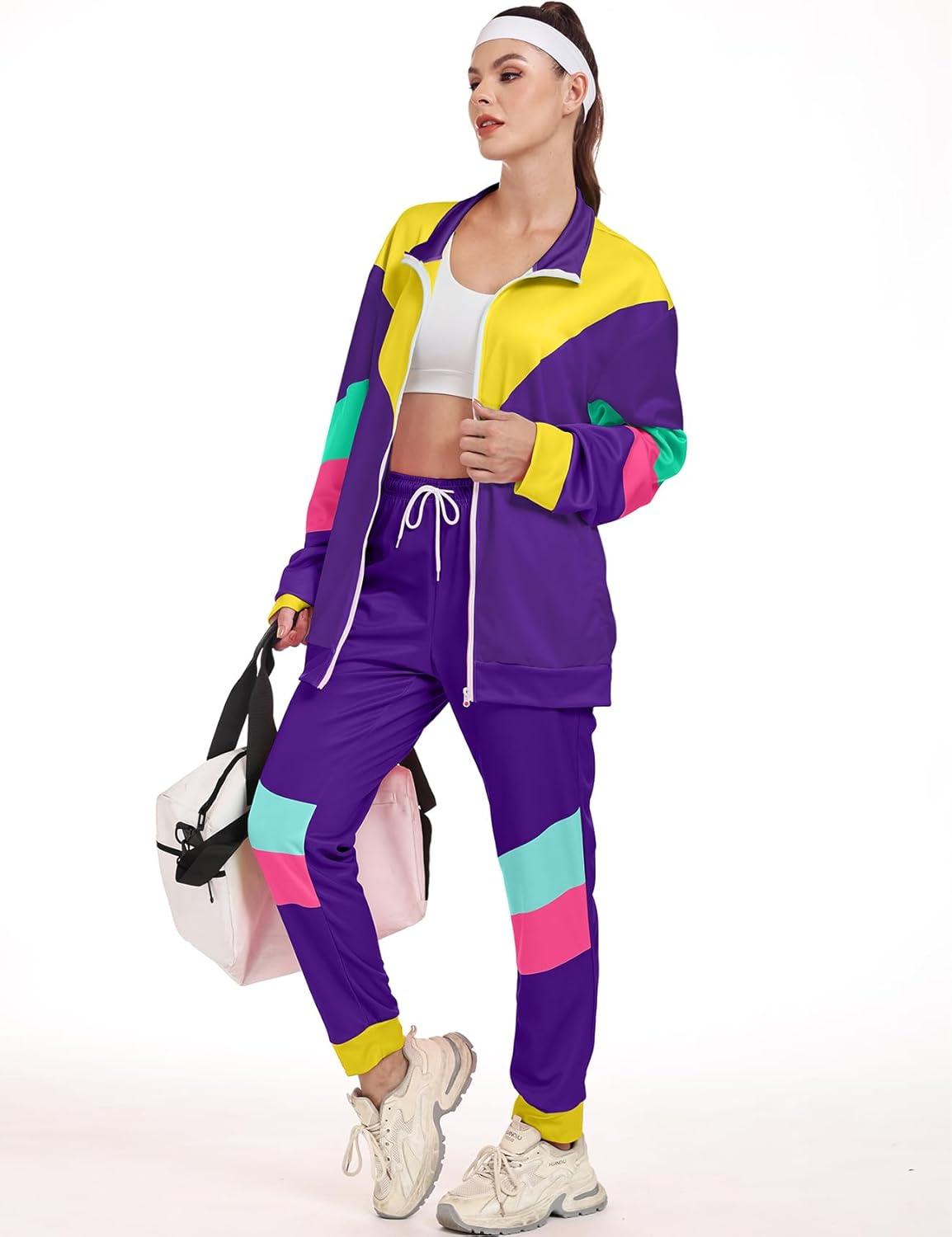 image:imageArssm Retro 80s 90s Outfit Sets for Women Color Block 2 Piece Tracksuit Windbreaker Jacket SetPurple