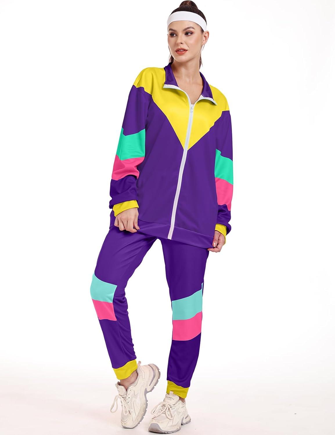 image:imageArssm Retro 80s 90s Outfit Sets for Women Color Block 2 Piece Tracksuit Windbreaker Jacket SetPurple