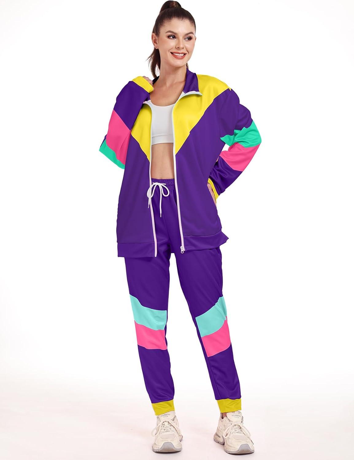 image:imageArssm Retro 80s 90s Outfit Sets for Women Color Block 2 Piece Tracksuit Windbreaker Jacket SetPurple