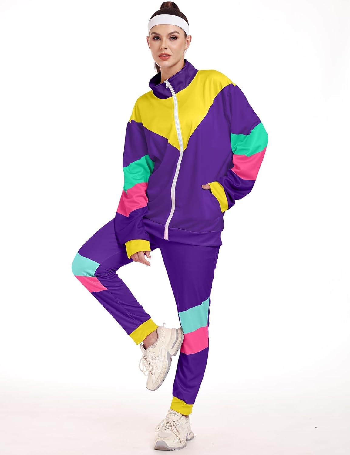 image:imageArssm Retro 80s 90s Outfit Sets for Women Color Block 2 Piece Tracksuit Windbreaker Jacket SetPurple