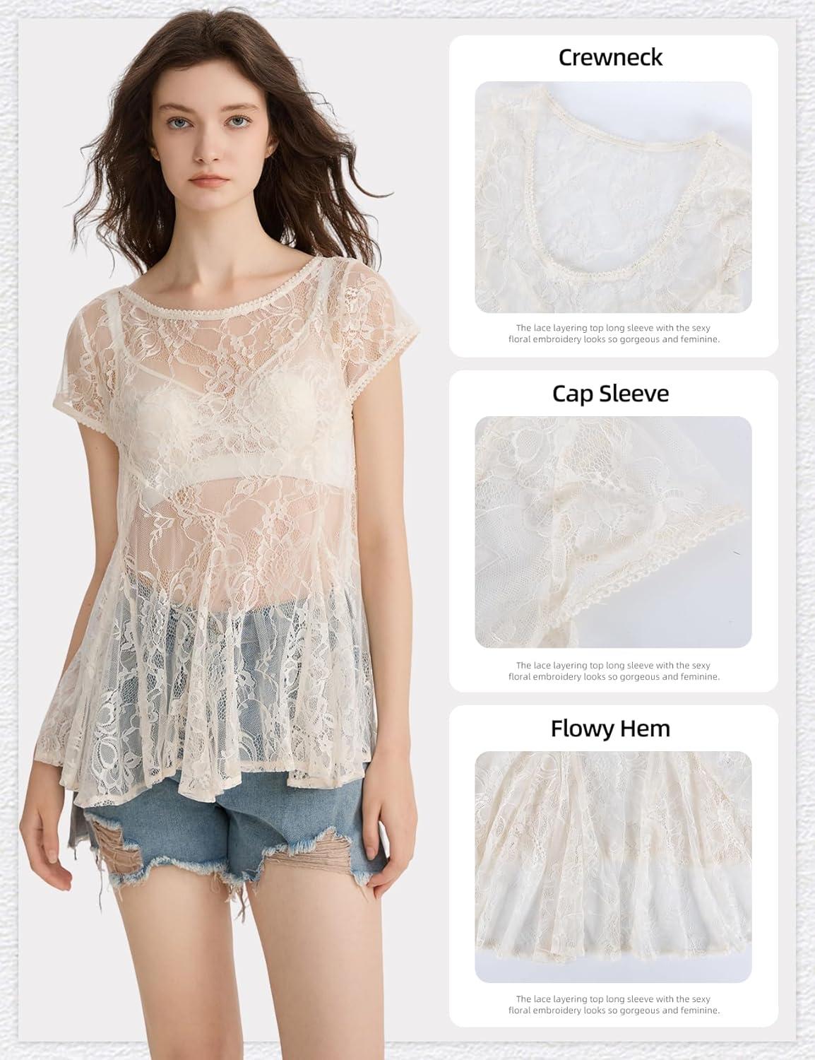 image:imageArssm Sheer Tops for Women Short Sleeve Lace Tops See Through Babydoll Tops Mesh ShirtsApricot