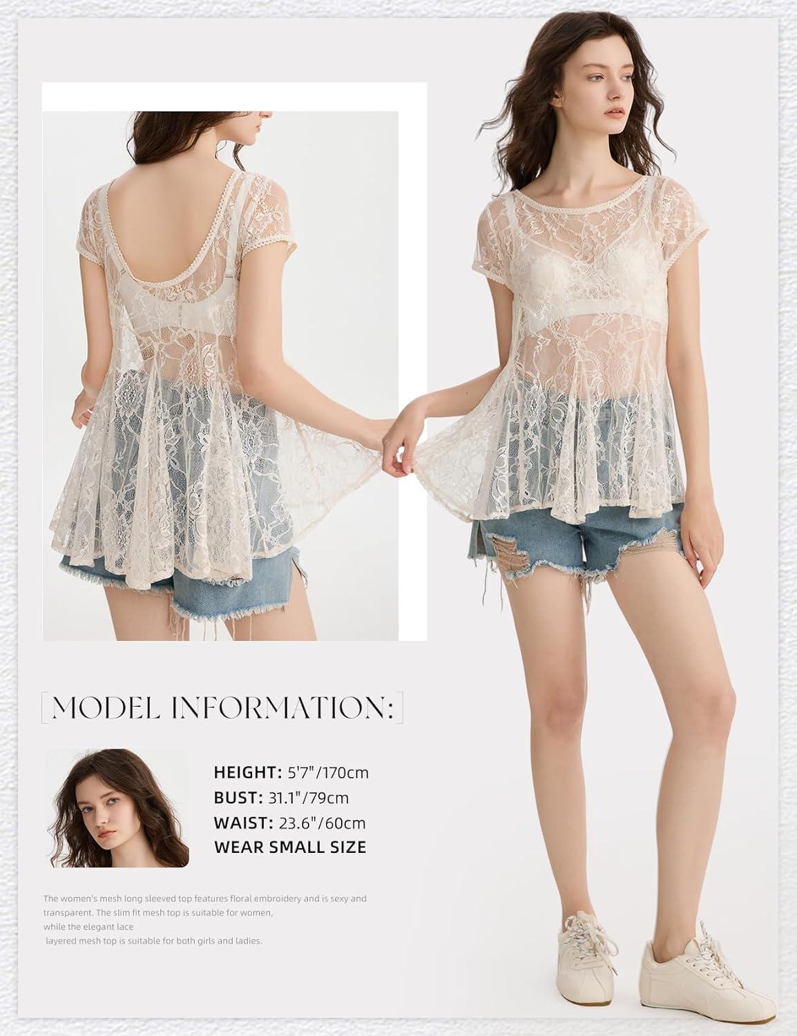 image:imageArssm Sheer Tops for Women Short Sleeve Lace Tops See Through Babydoll Tops Mesh ShirtsApricot