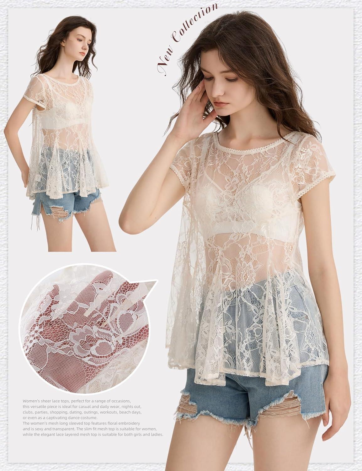 image:imageArssm Sheer Tops for Women Short Sleeve Lace Tops See Through Babydoll Tops Mesh ShirtsApricot