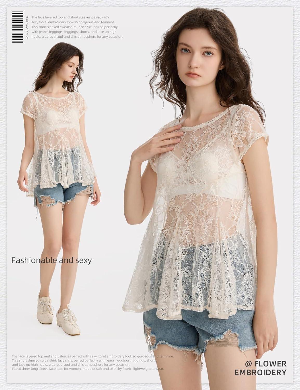 image:imageArssm Sheer Tops for Women Short Sleeve Lace Tops See Through Babydoll Tops Mesh ShirtsApricot