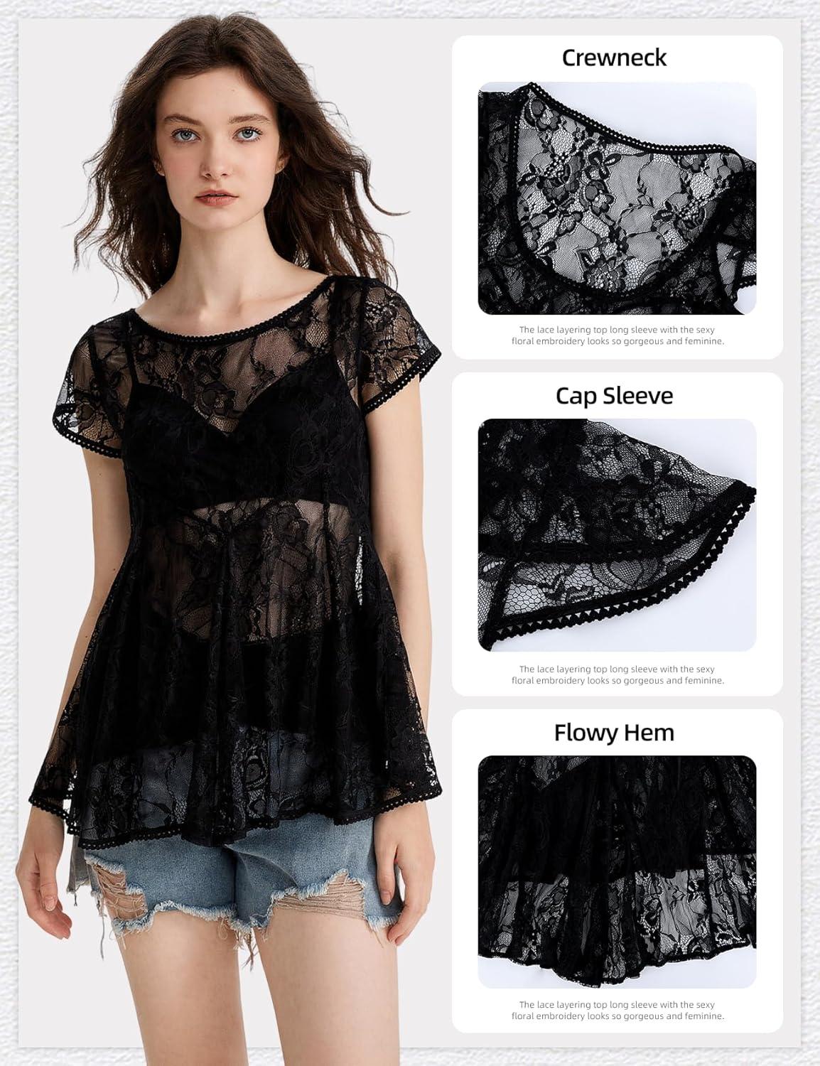 image:imageArssm Sheer Tops for Women Short Sleeve Lace Tops See Through Babydoll Tops Mesh ShirtsBlack