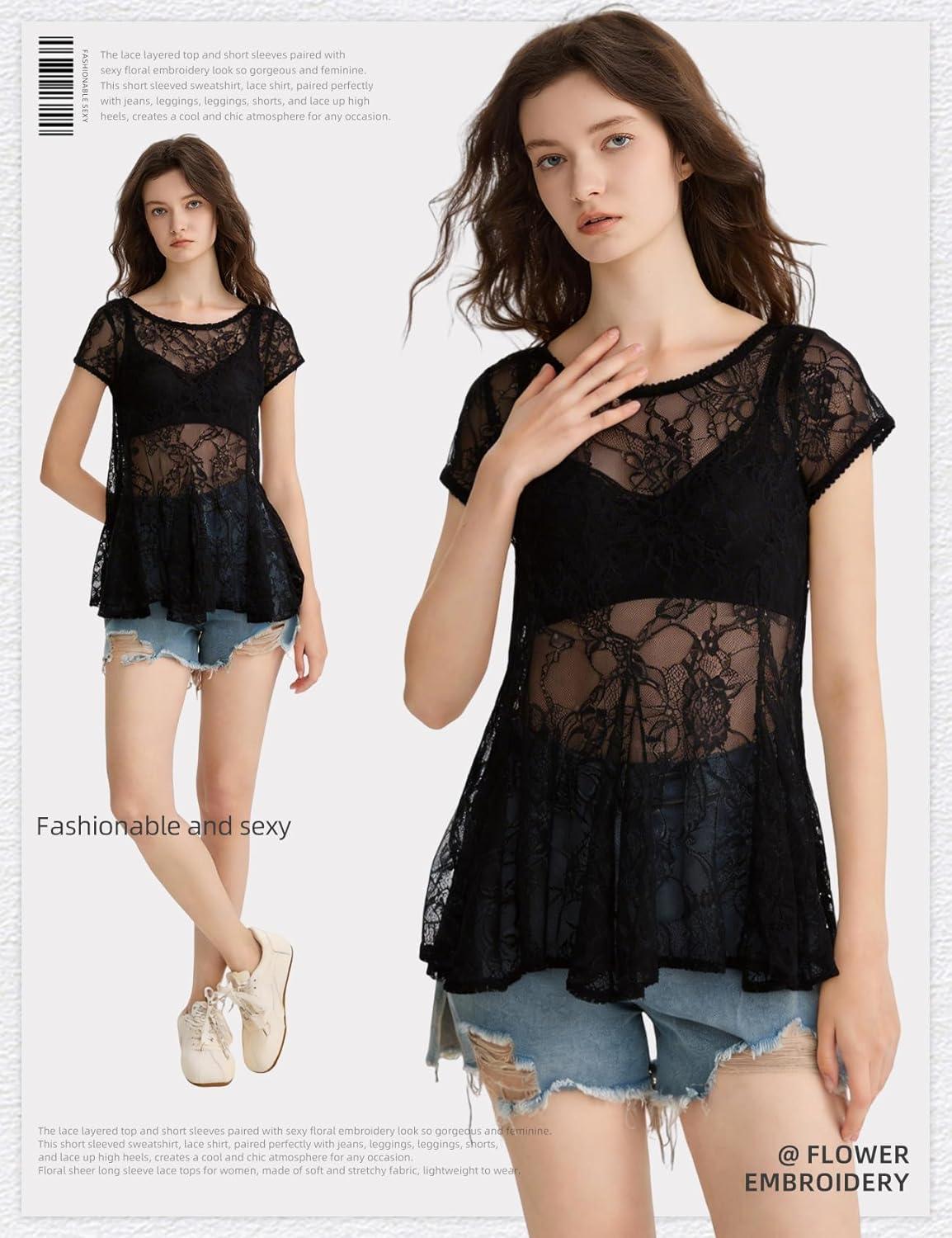 image:imageArssm Sheer Tops for Women Short Sleeve Lace Tops See Through Babydoll Tops Mesh ShirtsBlack