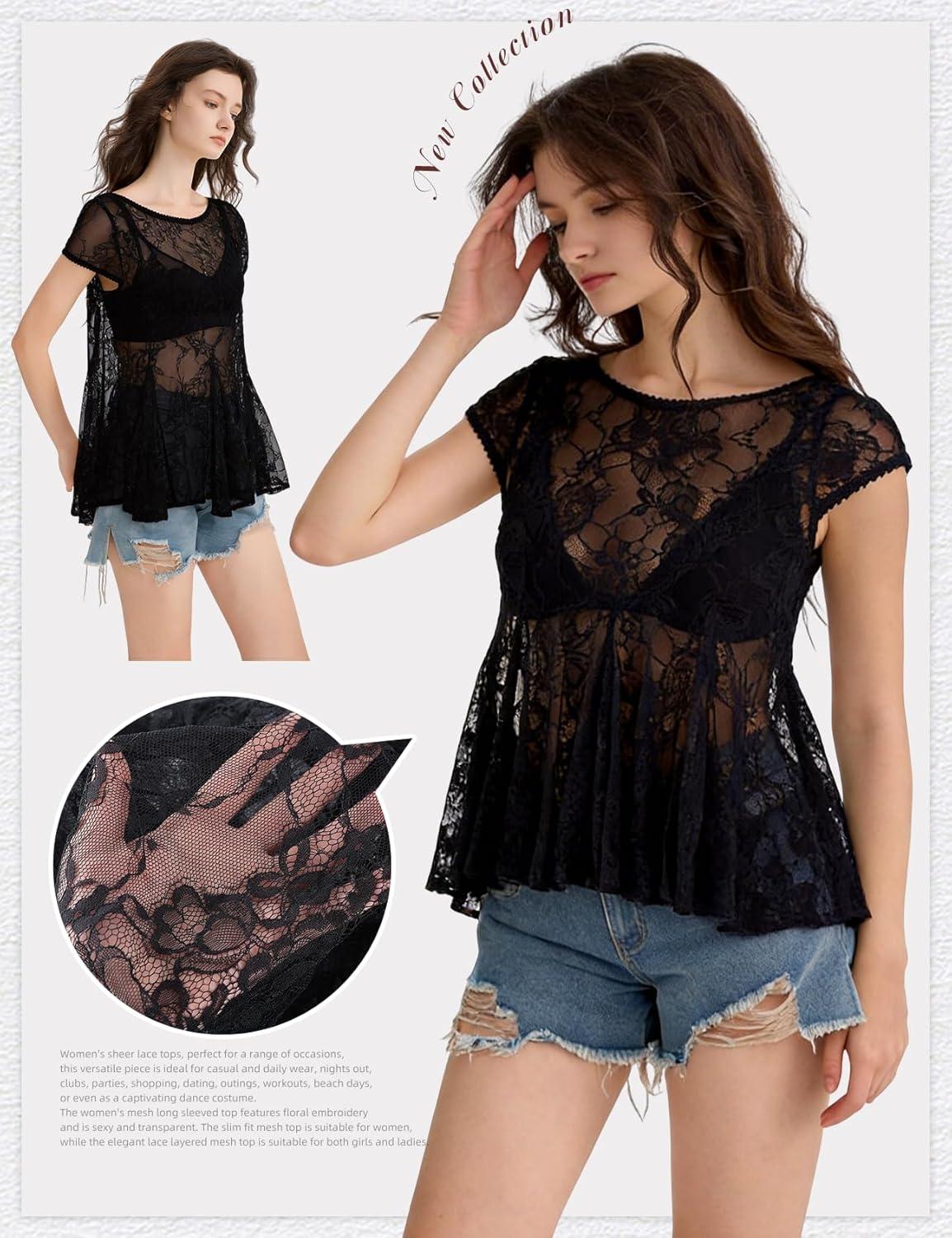 image:imageArssm Sheer Tops for Women Short Sleeve Lace Tops See Through Babydoll Tops Mesh ShirtsBlack
