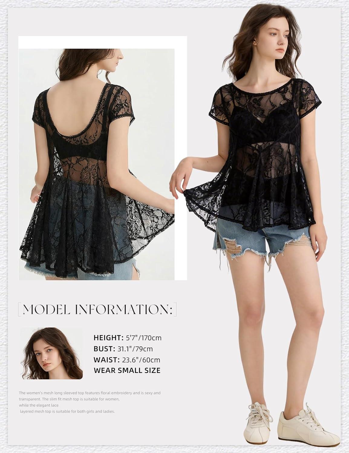 image:imageArssm Sheer Tops for Women Short Sleeve Lace Tops See Through Babydoll Tops Mesh ShirtsBlack