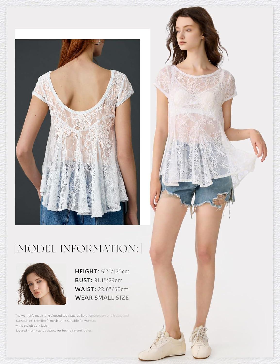 image:imageArssm Sheer Tops for Women Short Sleeve Lace Tops See Through Babydoll Tops Mesh ShirtsWhite