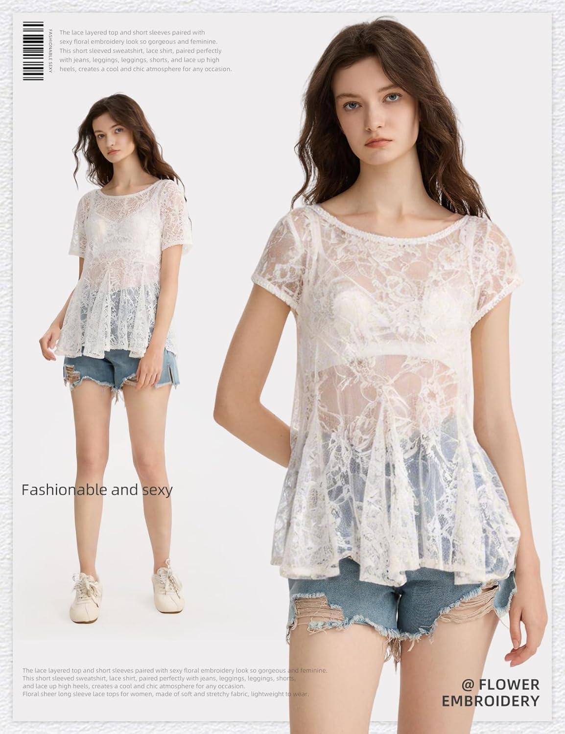 image:imageArssm Sheer Tops for Women Short Sleeve Lace Tops See Through Babydoll Tops Mesh ShirtsWhite