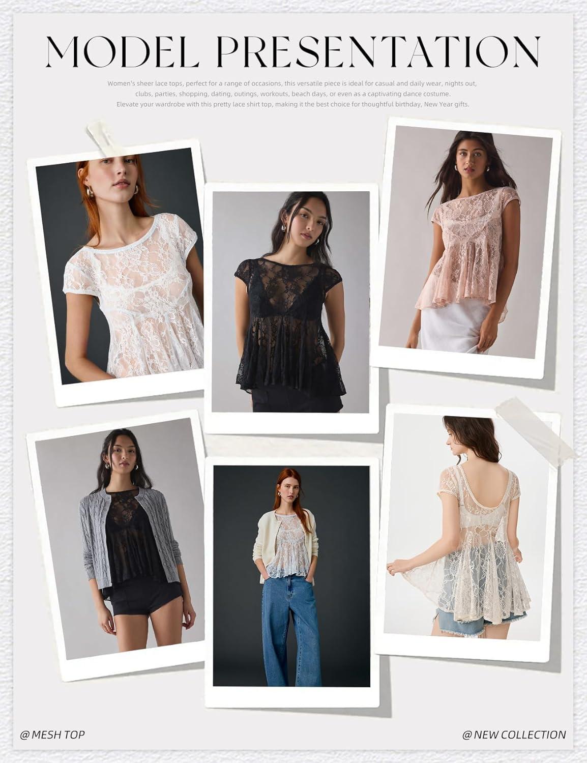 image:imageArssm Sheer Tops for Women Short Sleeve Lace Tops See Through Babydoll Tops Mesh ShirtsWhite