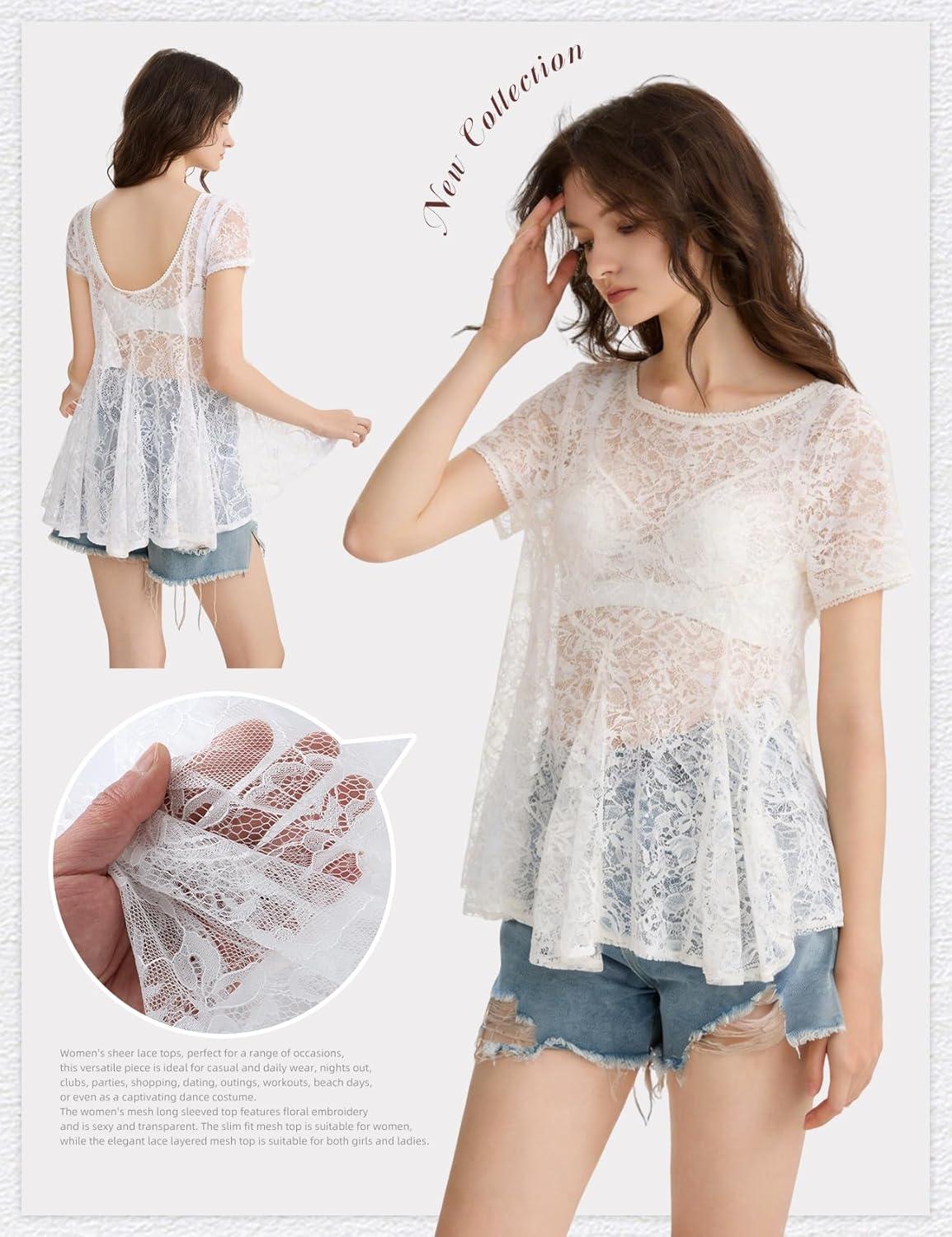image:imageArssm Sheer Tops for Women Short Sleeve Lace Tops See Through Babydoll Tops Mesh ShirtsWhite