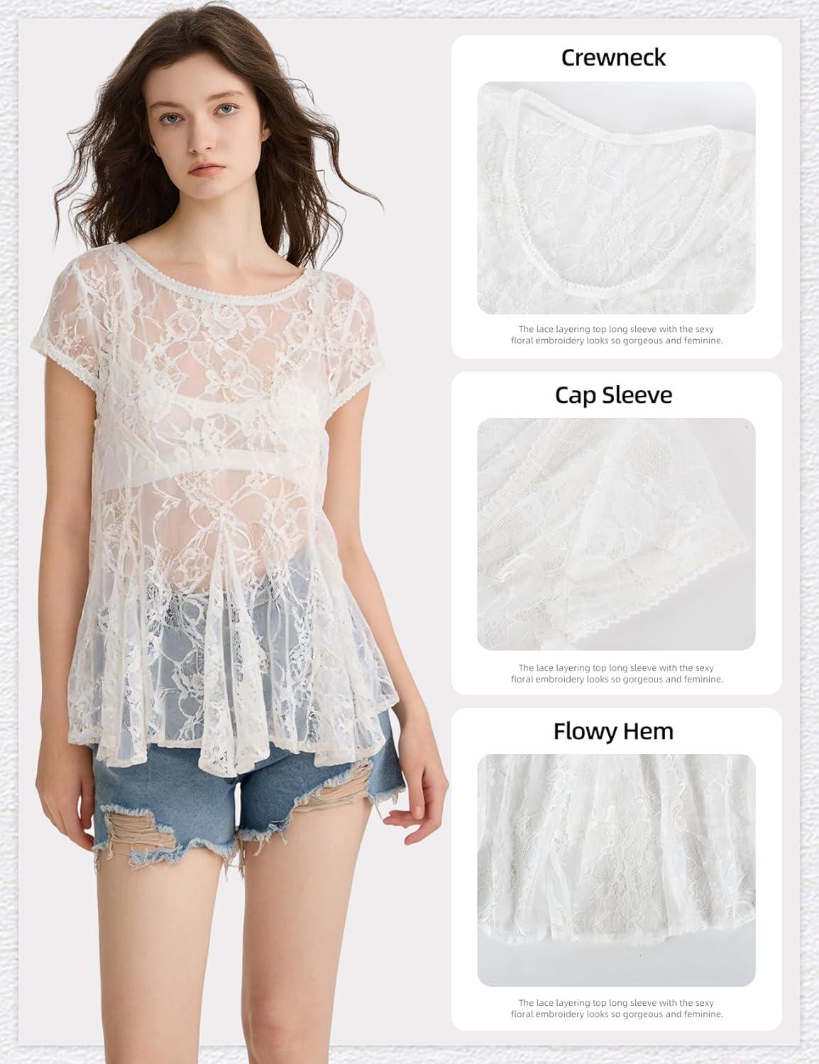 image:imageArssm Sheer Tops for Women Short Sleeve Lace Tops See Through Babydoll Tops Mesh ShirtsWhite