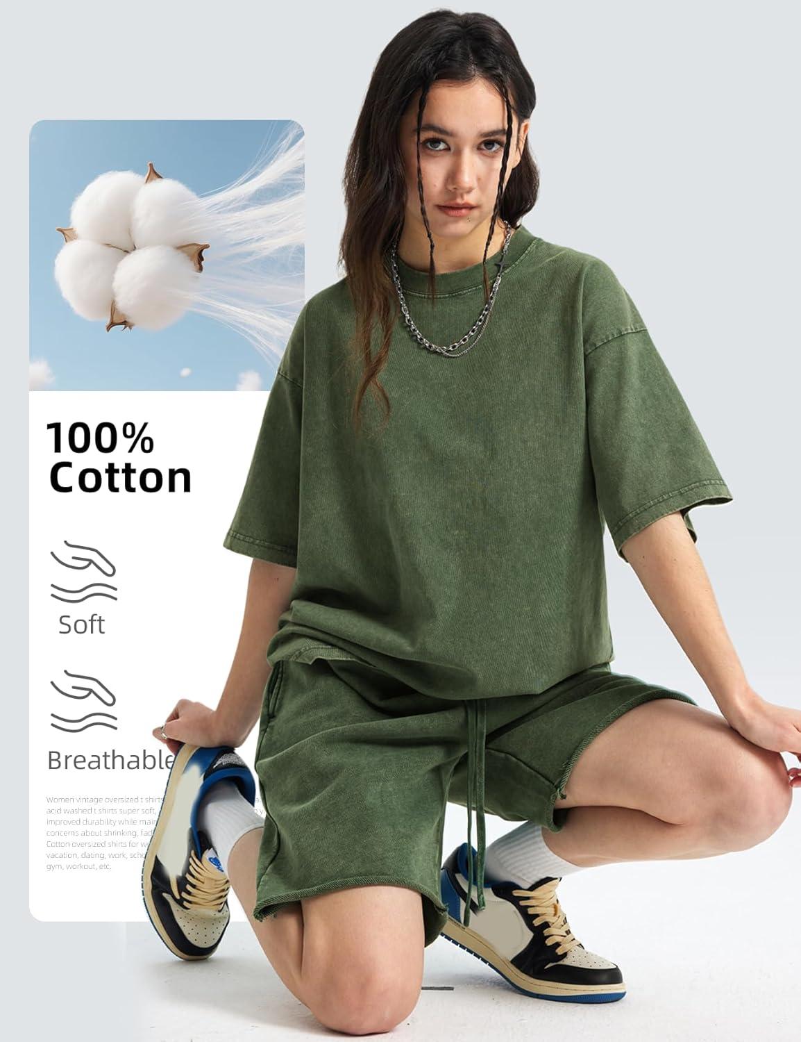 image:imageArssm Women Oversized T Shirts Acid Washed Cotton Tees Vintage Baggy Loose Fit Streetwear Workout TopsArmy