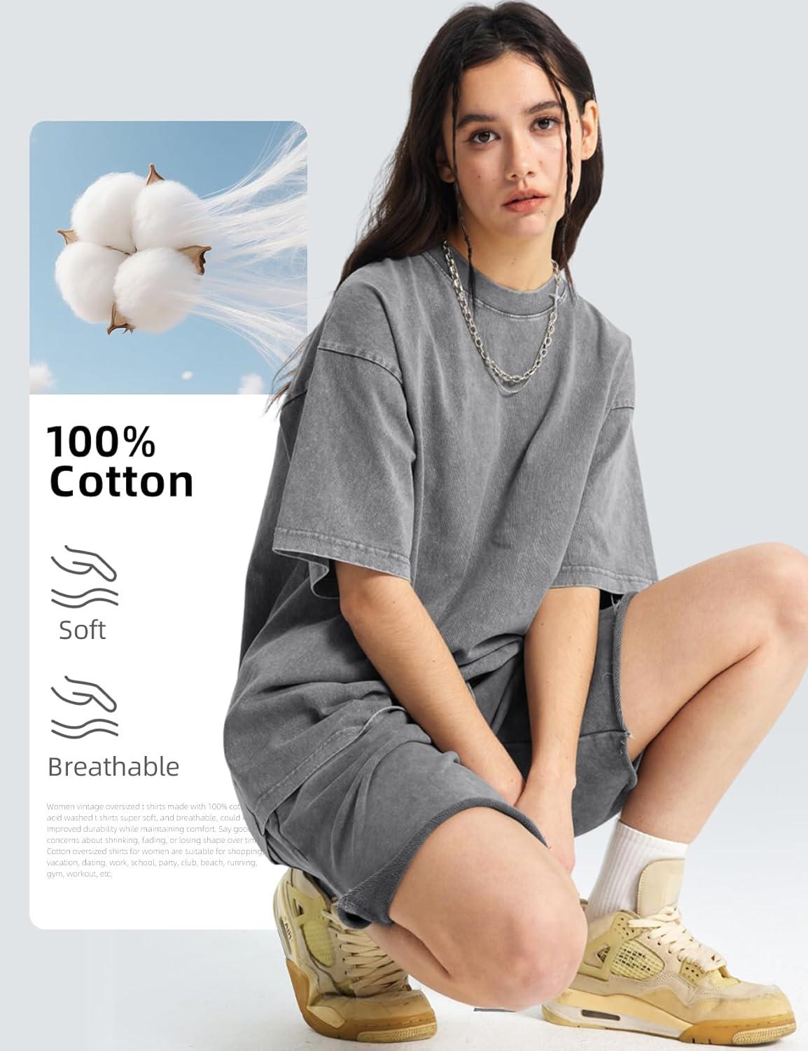 image:imageArssm Women Oversized T Shirts Acid Washed Cotton Tees Vintage Baggy Loose Fit Streetwear Workout TopsGrey