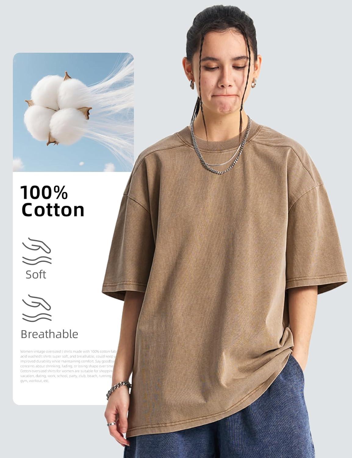 image:imageArssm Women Oversized T Shirts Acid Washed Cotton Tees Vintage Baggy Loose Fit Streetwear Workout TopsKhaki