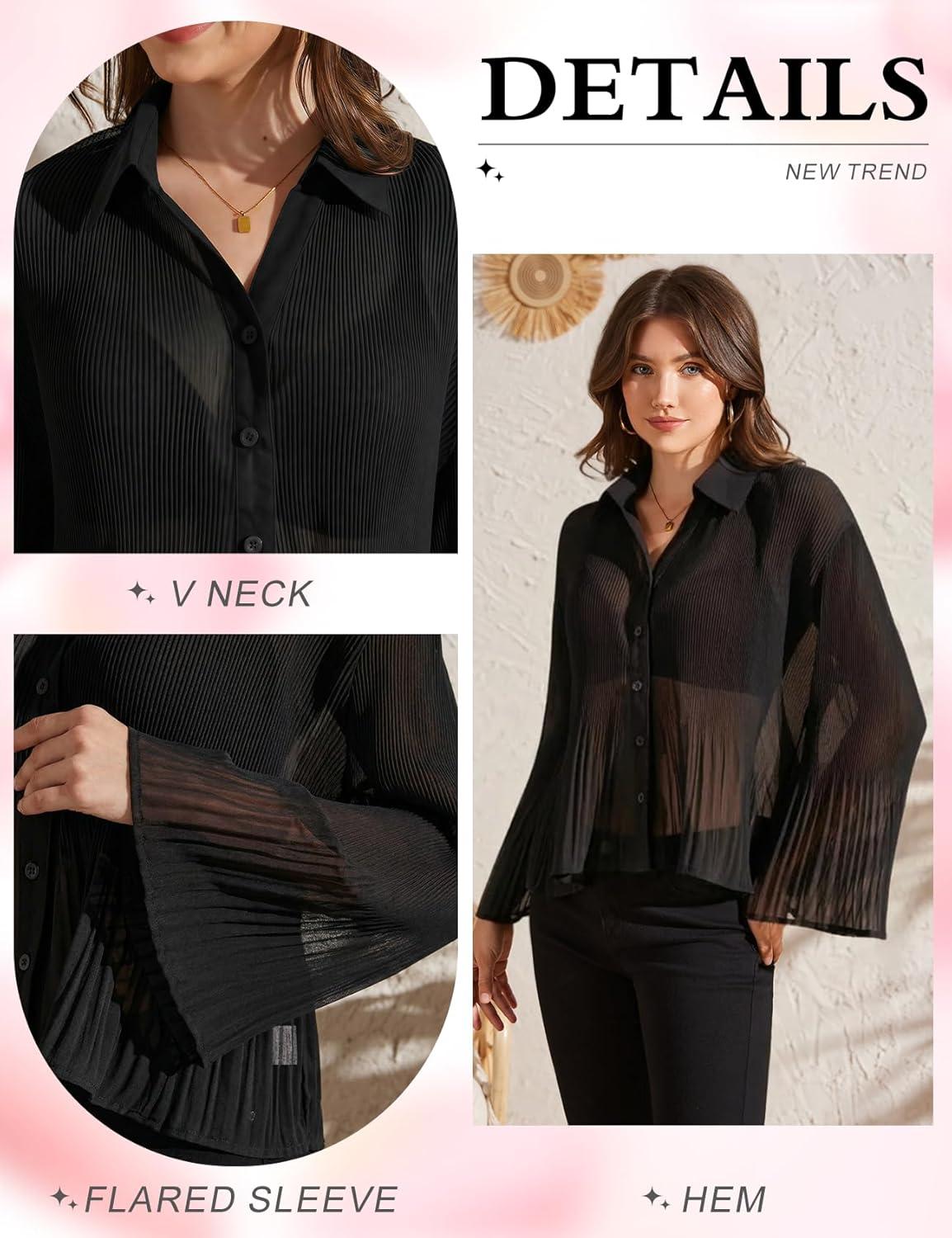 image:imageArssm Women Sheer Button Up Blouse Long Sleeve Mesh Pleated Blouse Tops See Through ShirtsBlack
