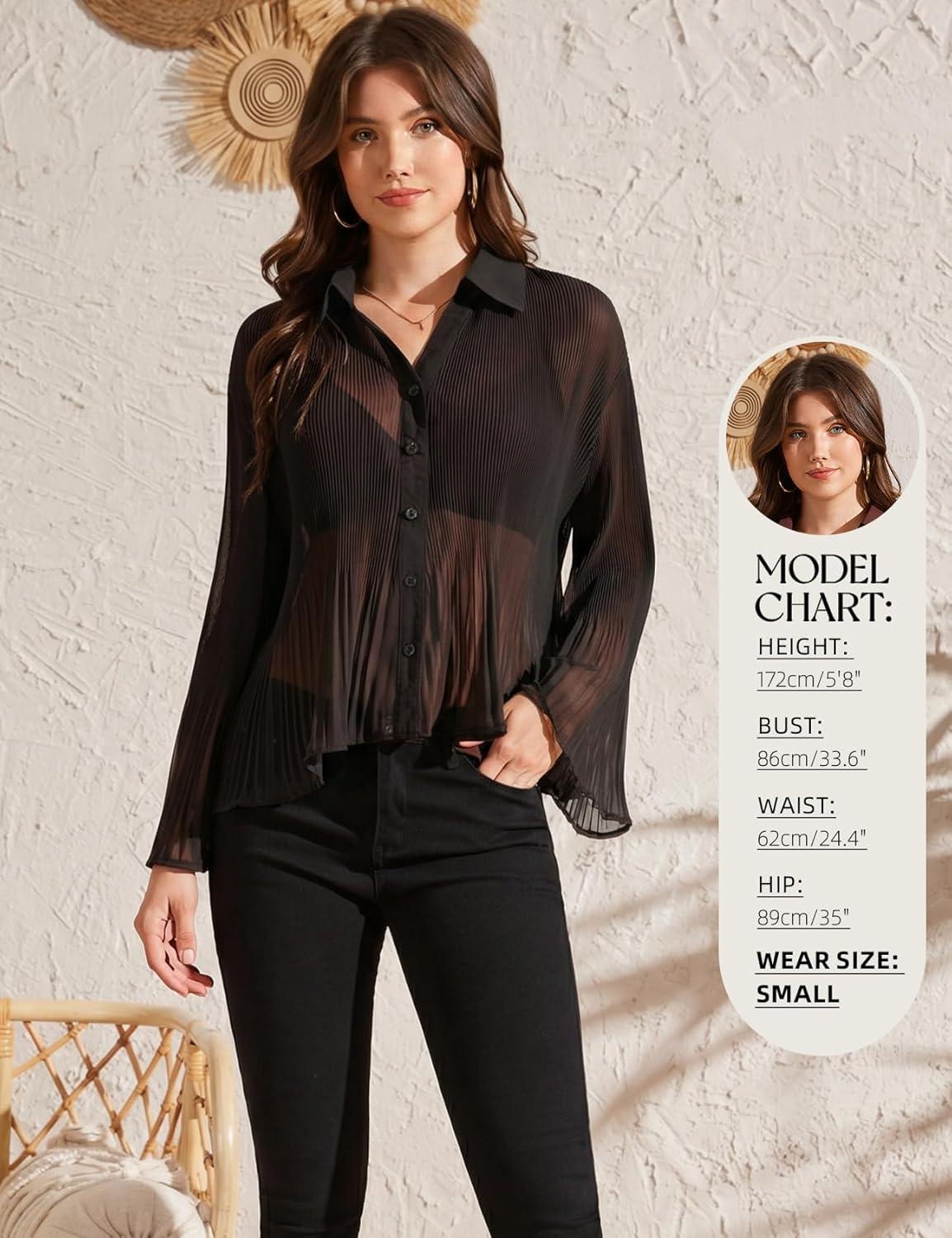 image:imageArssm Women Sheer Button Up Blouse Long Sleeve Mesh Pleated Blouse Tops See Through ShirtsBlack