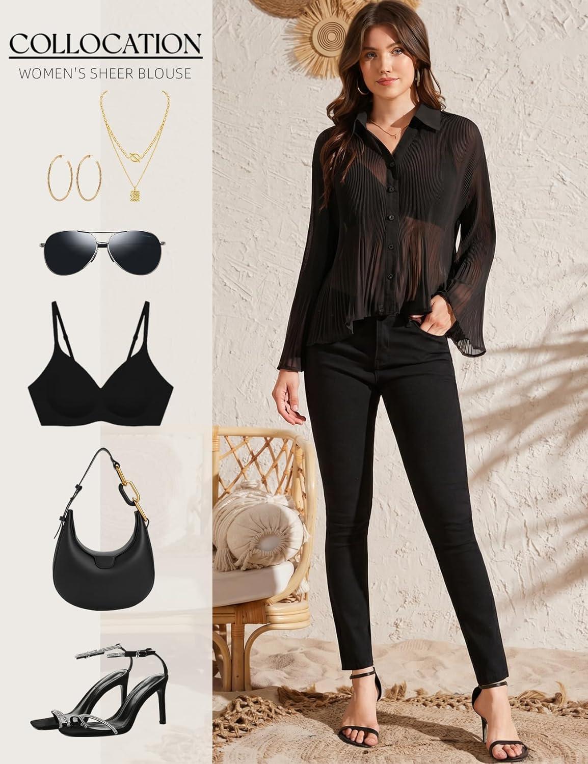 image:imageArssm Women Sheer Button Up Blouse Long Sleeve Mesh Pleated Blouse Tops See Through ShirtsBlack