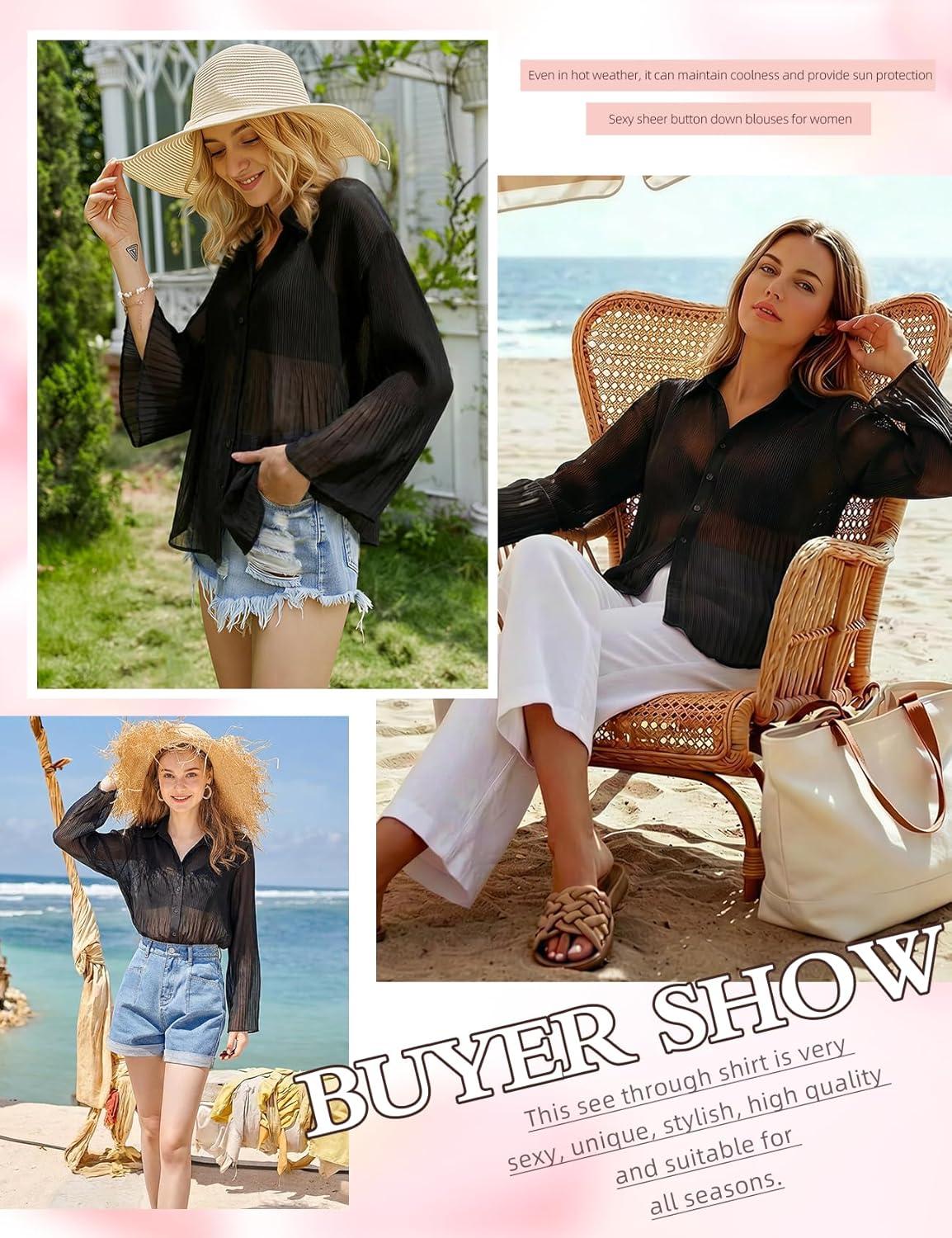 image:imageArssm Women Sheer Button Up Blouse Long Sleeve Mesh Pleated Blouse Tops See Through ShirtsBlack