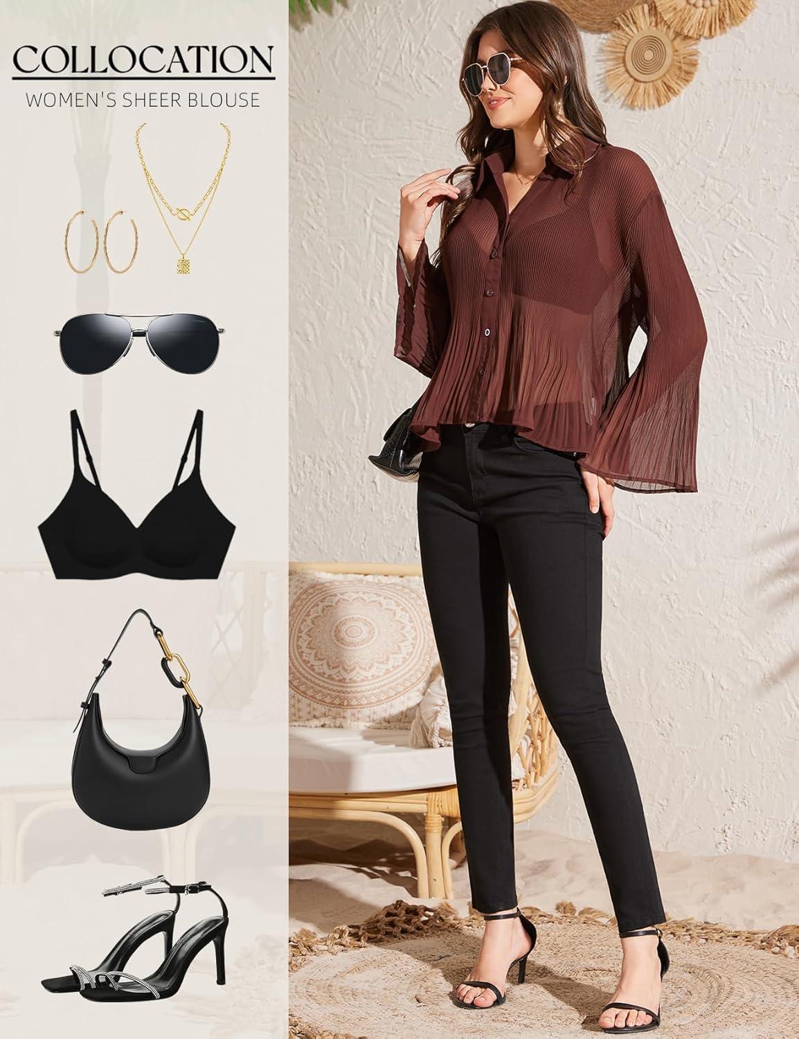 image:imageArssm Women Sheer Button Up Blouse Long Sleeve Mesh Pleated Blouse Tops See Through ShirtsBrown
