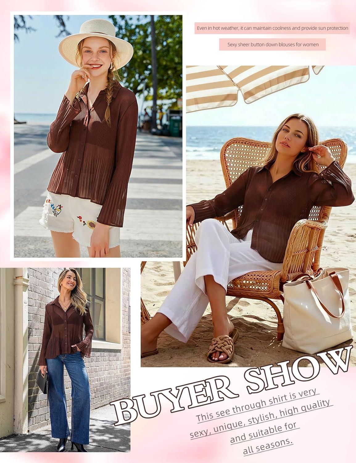 image:imageArssm Women Sheer Button Up Blouse Long Sleeve Mesh Pleated Blouse Tops See Through ShirtsBrown