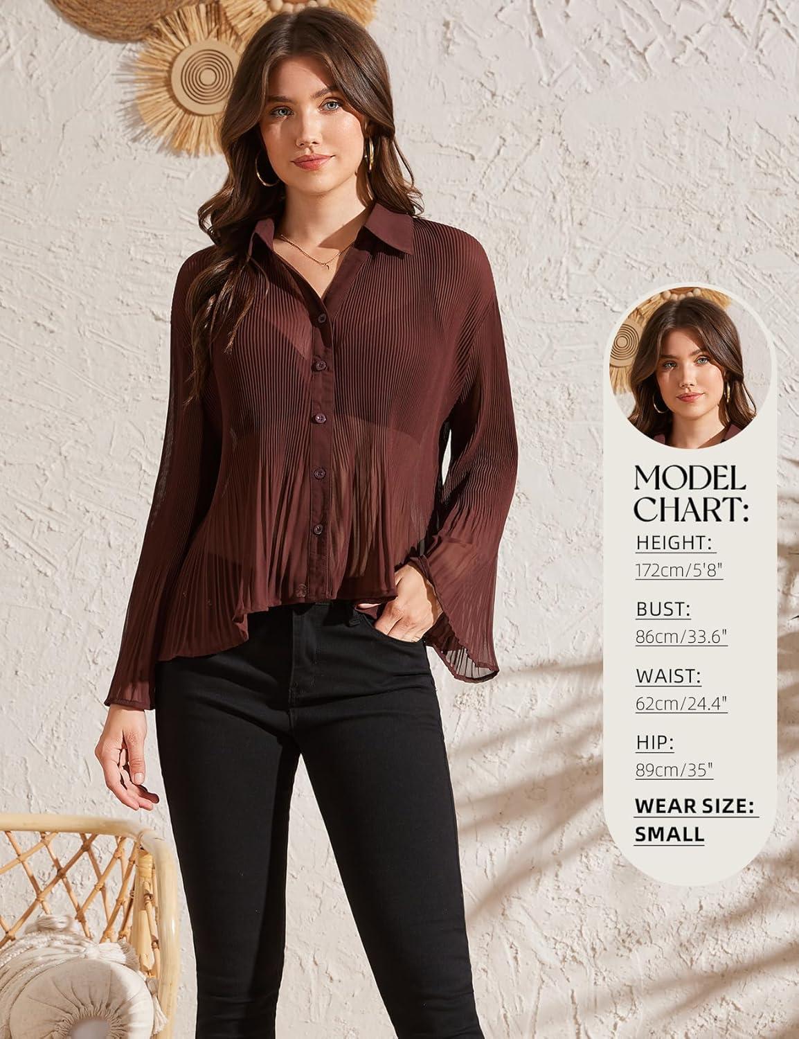 image:imageArssm Women Sheer Button Up Blouse Long Sleeve Mesh Pleated Blouse Tops See Through ShirtsBrown