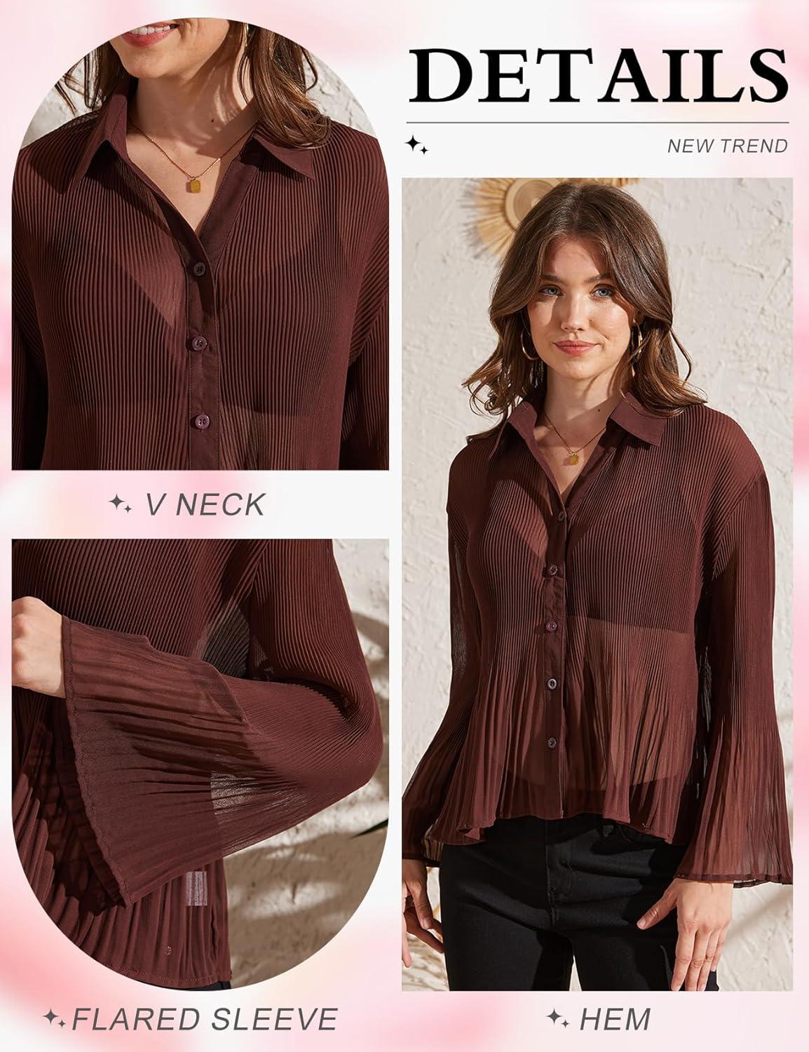 image:imageArssm Women Sheer Button Up Blouse Long Sleeve Mesh Pleated Blouse Tops See Through ShirtsBrown