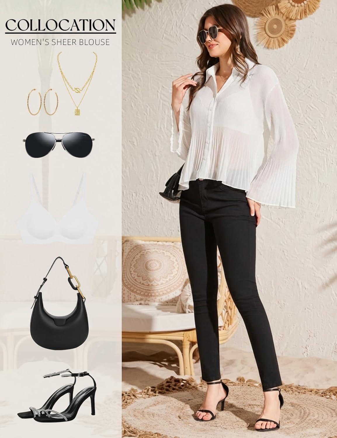 image:imageArssm Women Sheer Button Up Blouse Long Sleeve Mesh Pleated Blouse Tops See Through ShirtsWhite